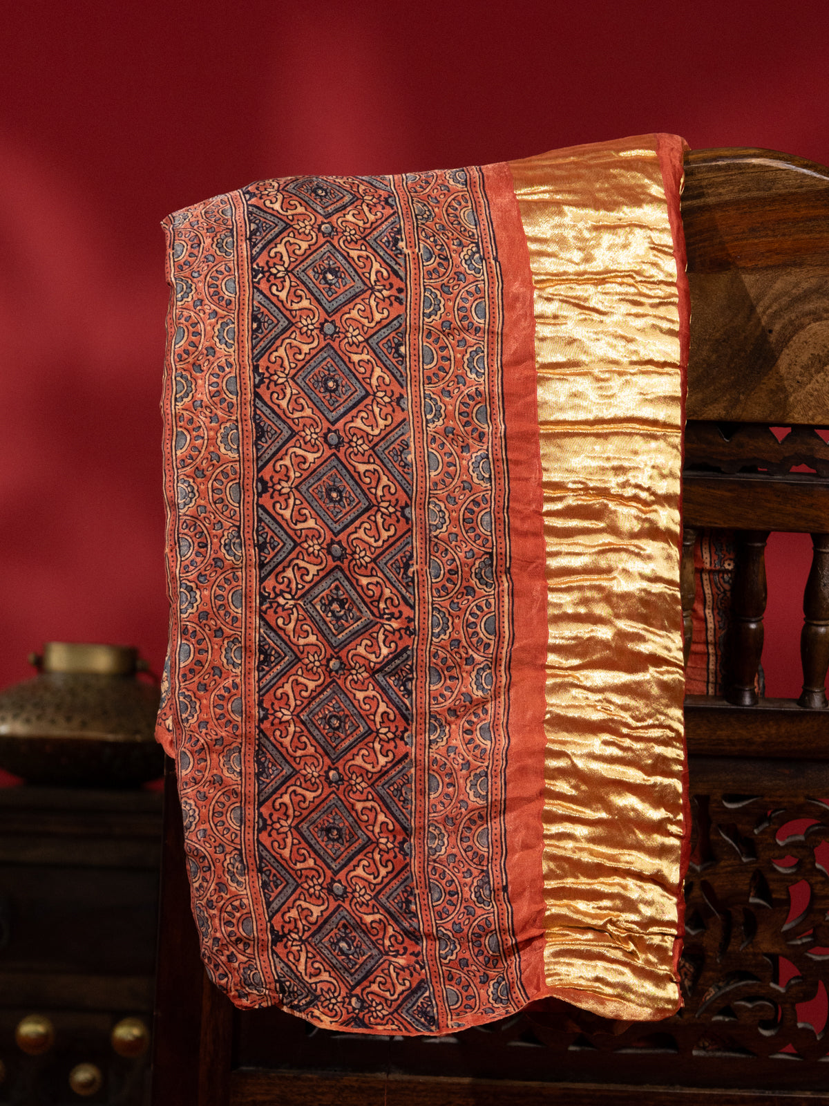 Green & Rust Gajji Silk With Allover Zig Zag Bandhej