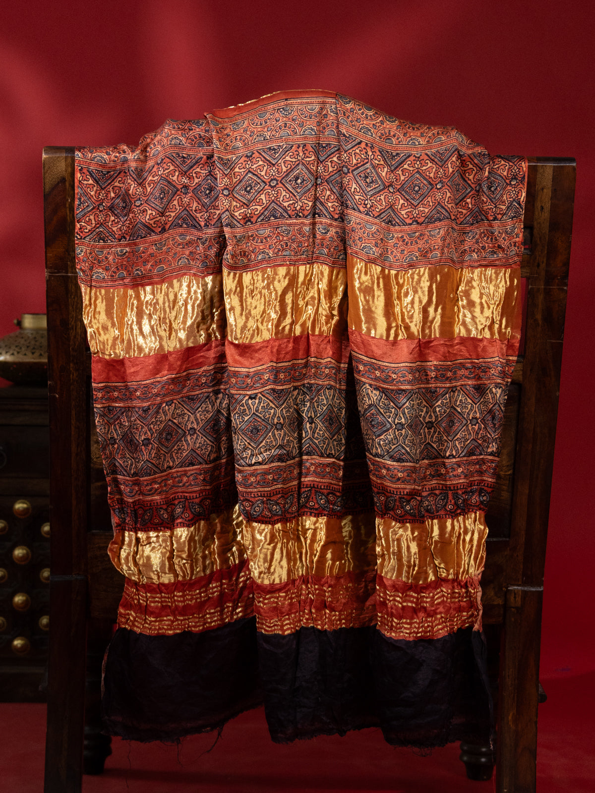Green & Rust Gajji Silk With Allover Zig Zag Bandhej