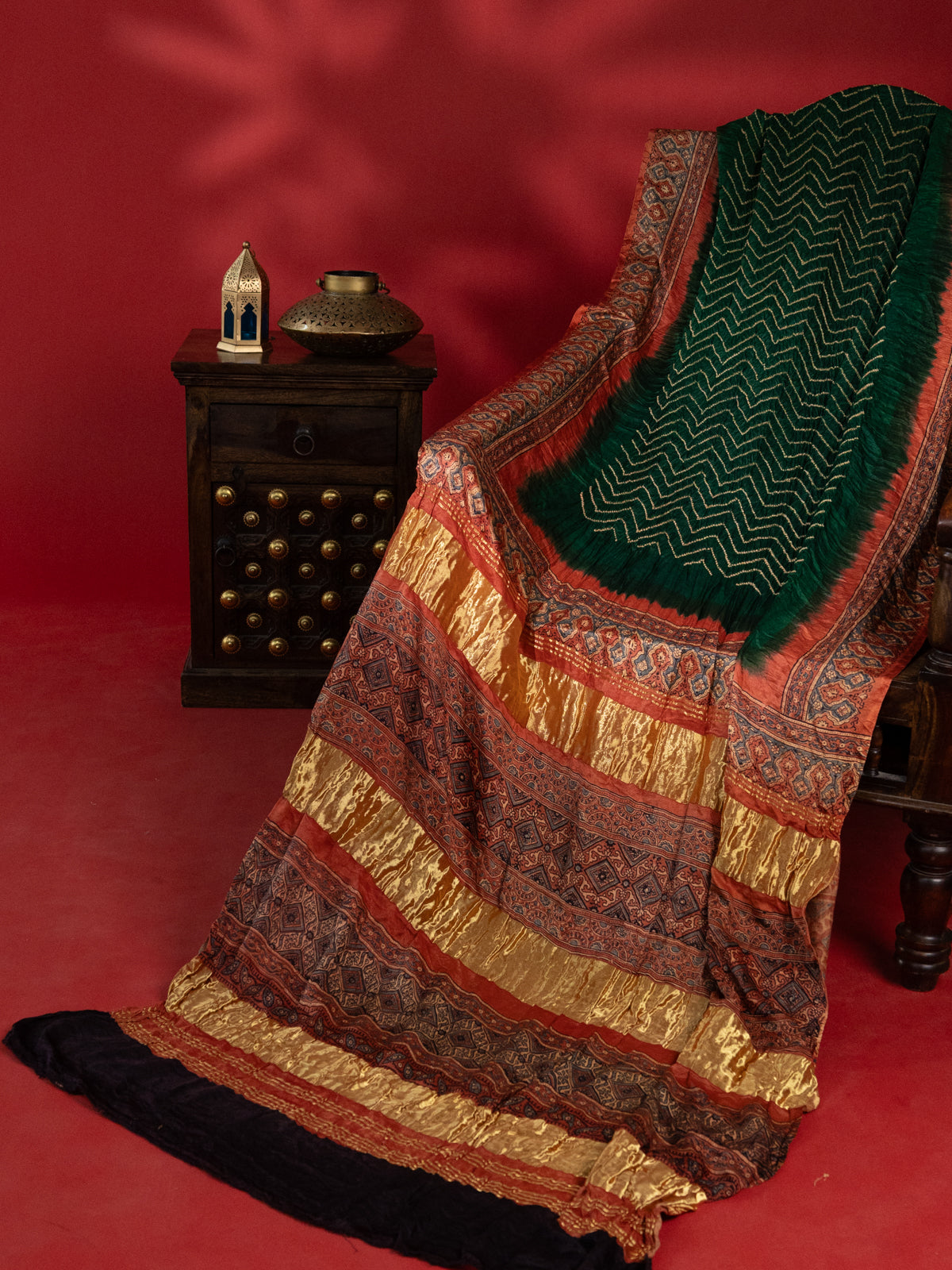 Green & Rust Gajji Silk With Allover Zig Zag Bandhej