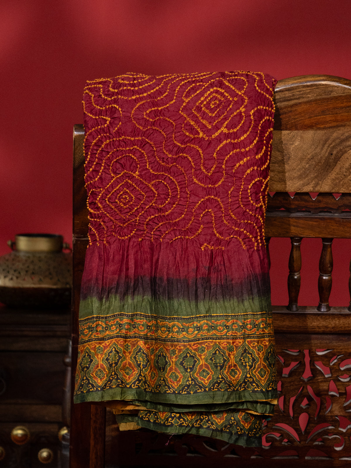 Maroon & Mehendi Green Gajji Silk With Bandhej