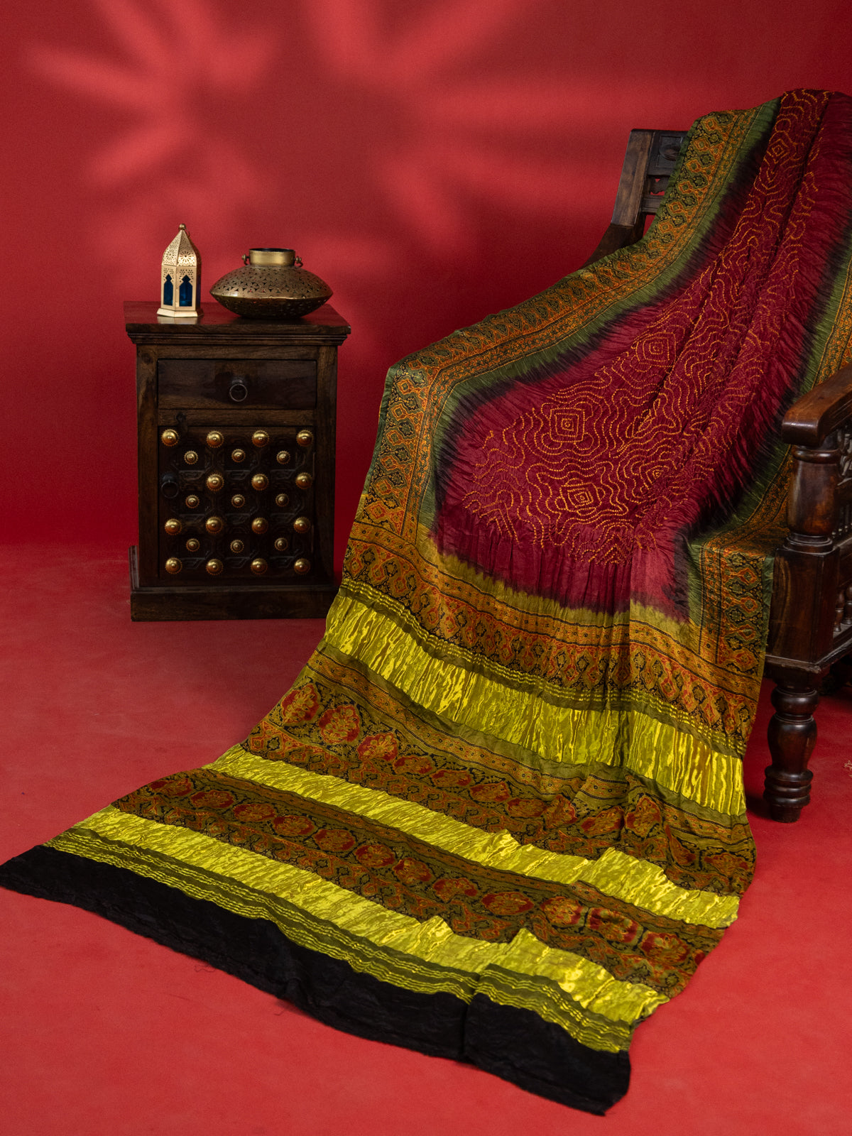 Maroon & Mehendi Green Gajji Silk With Bandhej