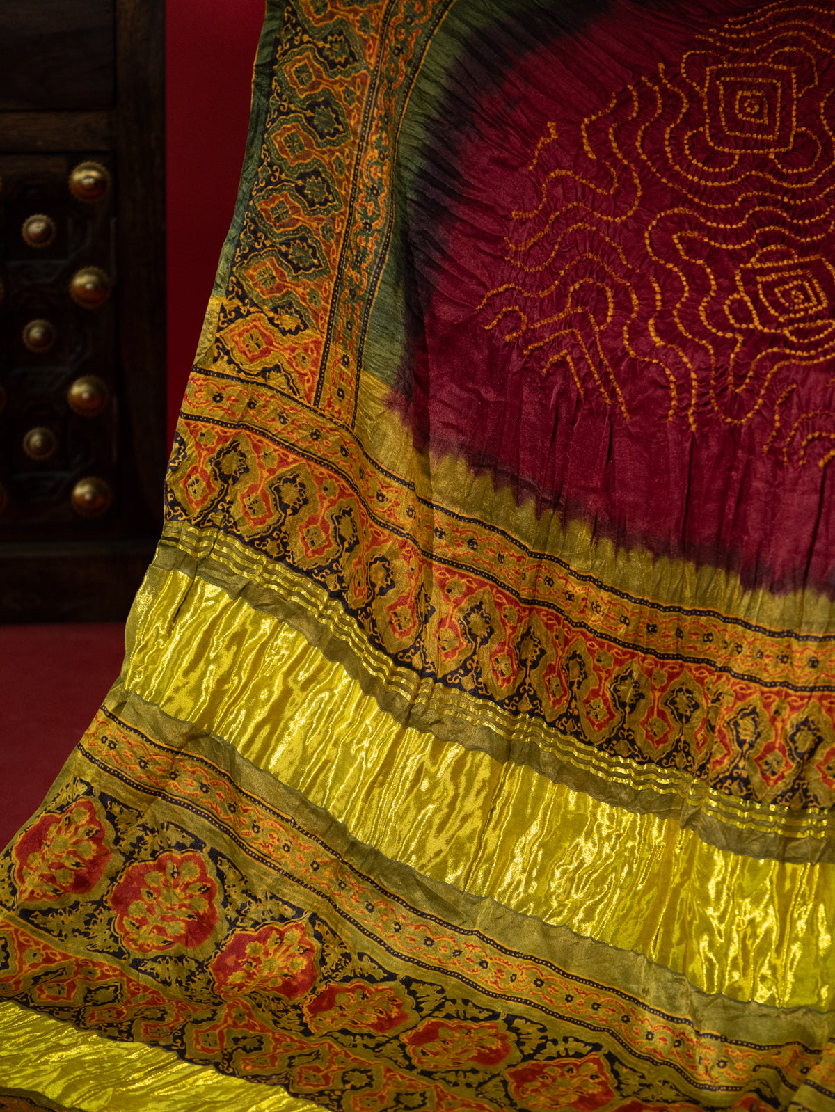 Maroon & Mehendi Green Gajji Silk With Bandhej
