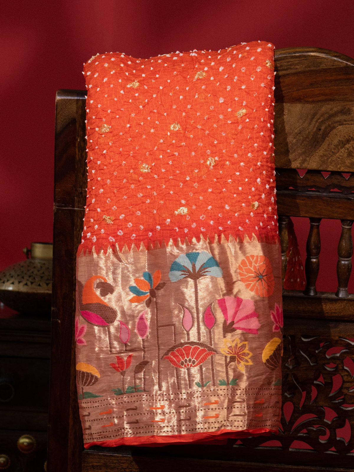 Orange Zari Kota Silk Saree With Bandhej