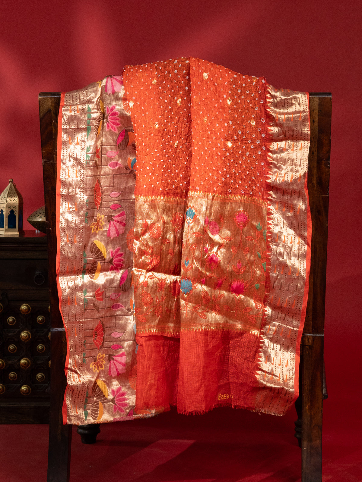 Orange Zari Kota Silk Saree With Bandhej