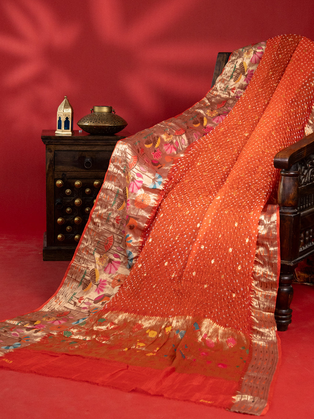 Orange Zari Kota Silk Saree With Bandhej