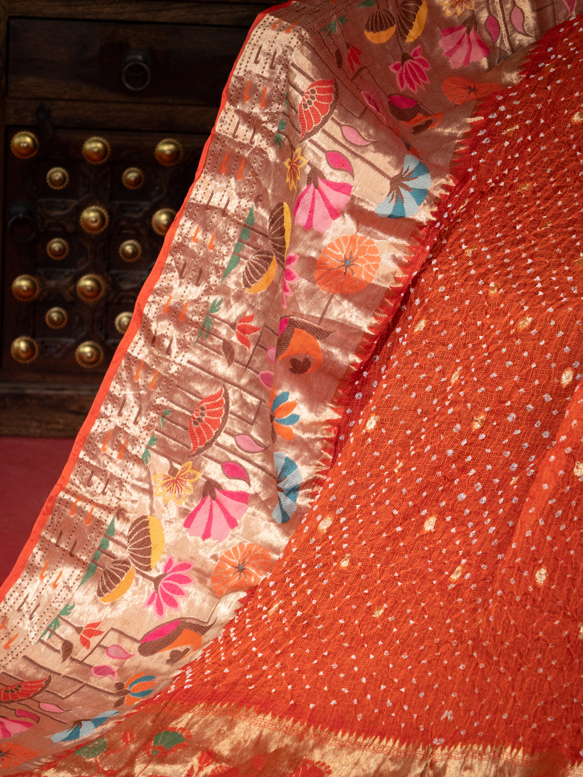 Orange Zari Kota Silk Saree With Bandhej