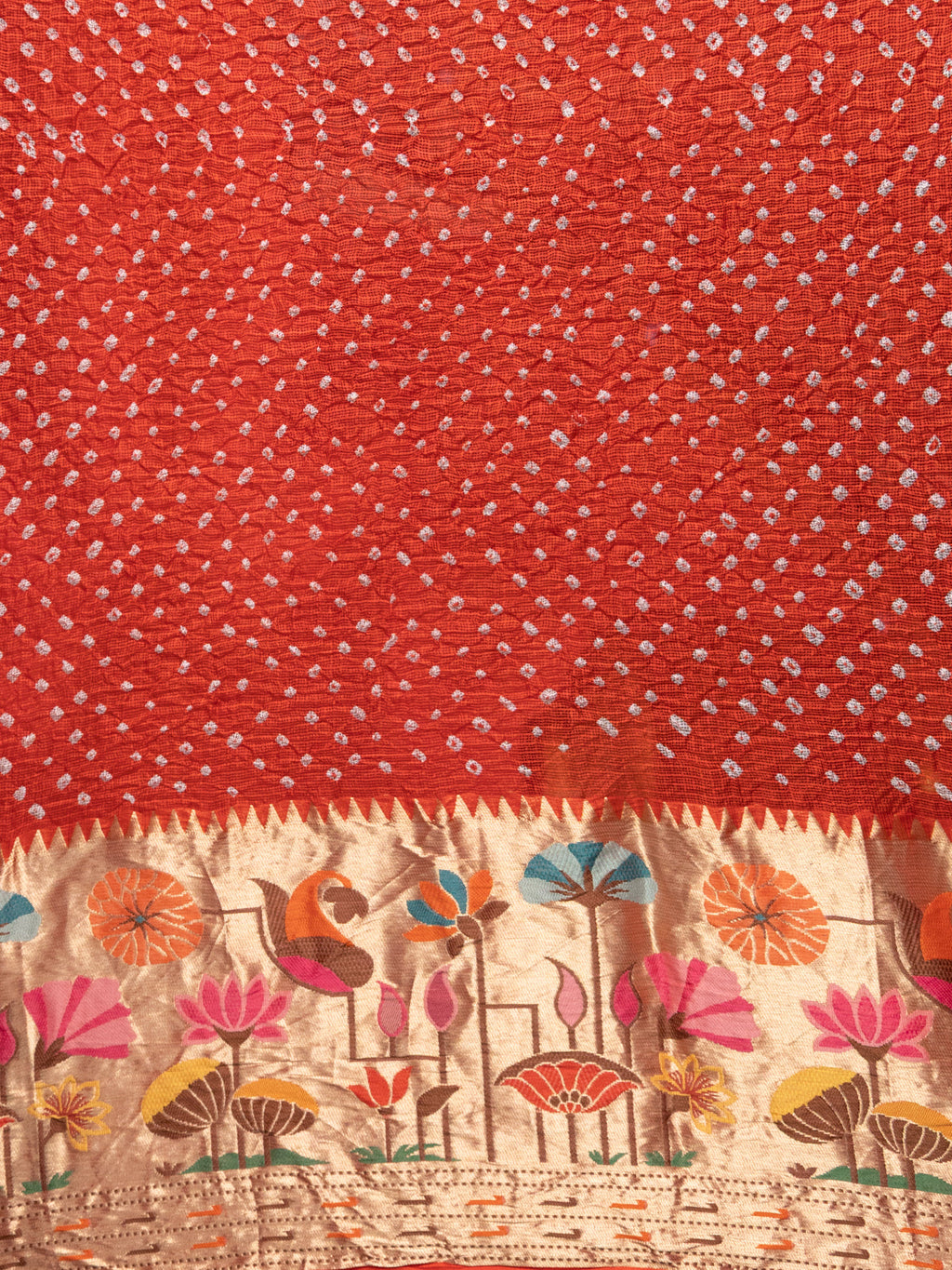 Orange Zari Kota Silk Saree With Bandhej