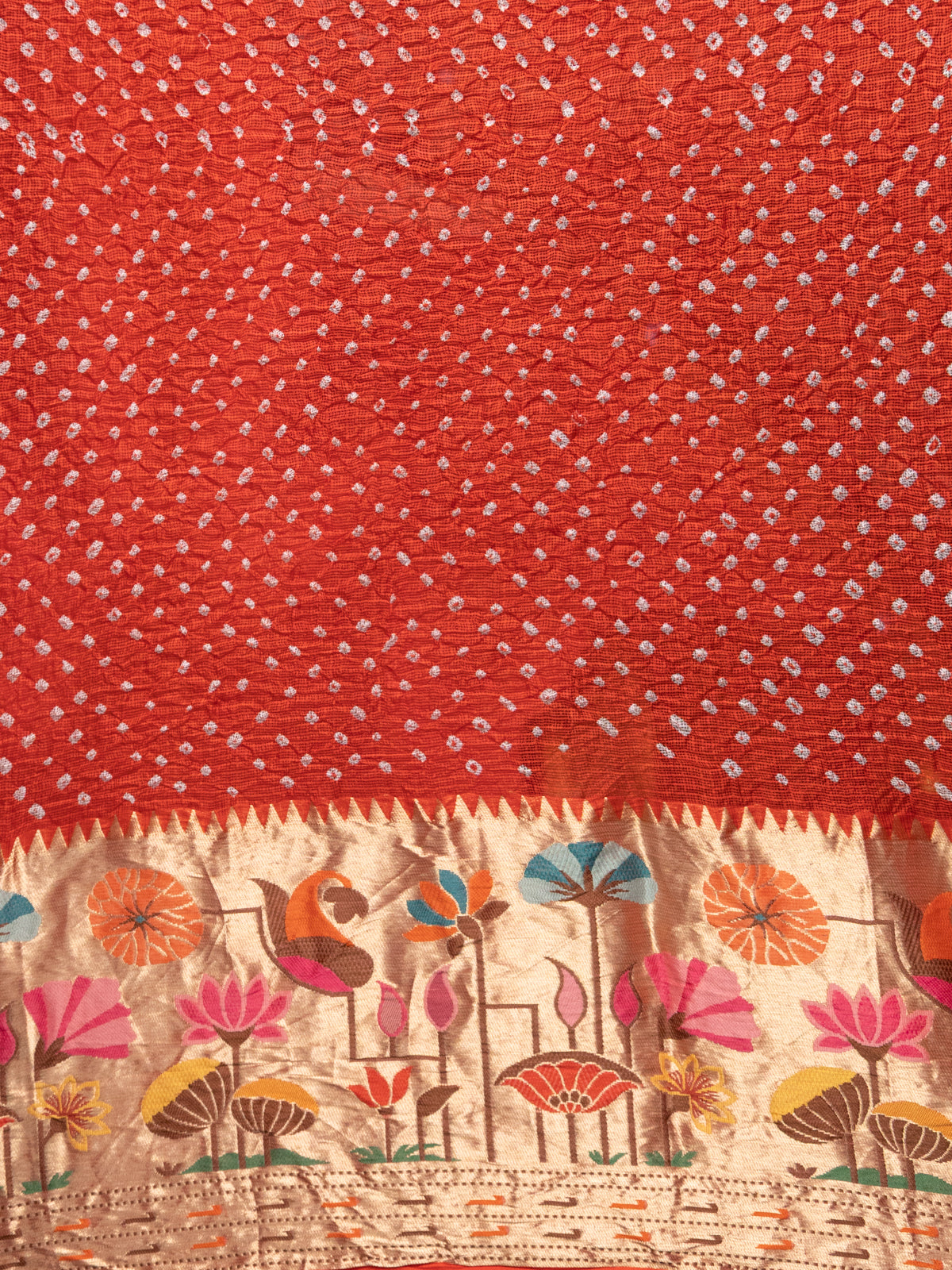 Orange Zari Kota Silk Saree With Bandhej