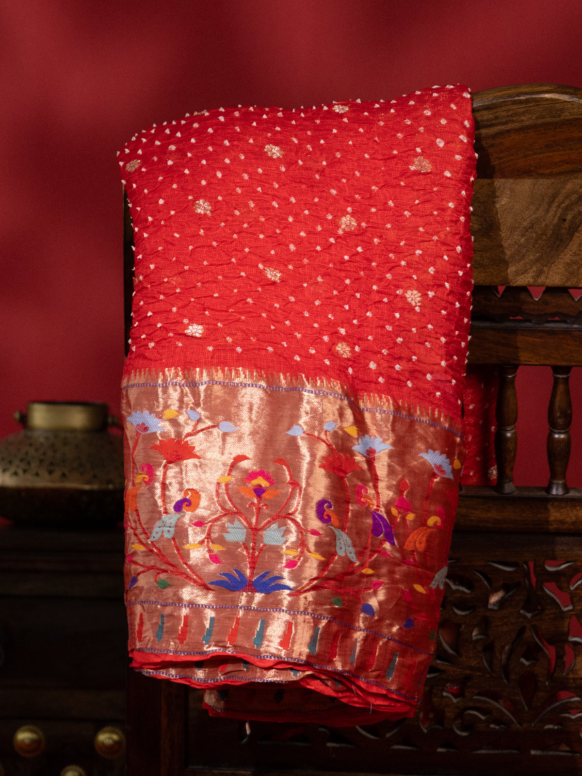 Red Zari Kota Silk Saree Border With Bandhej