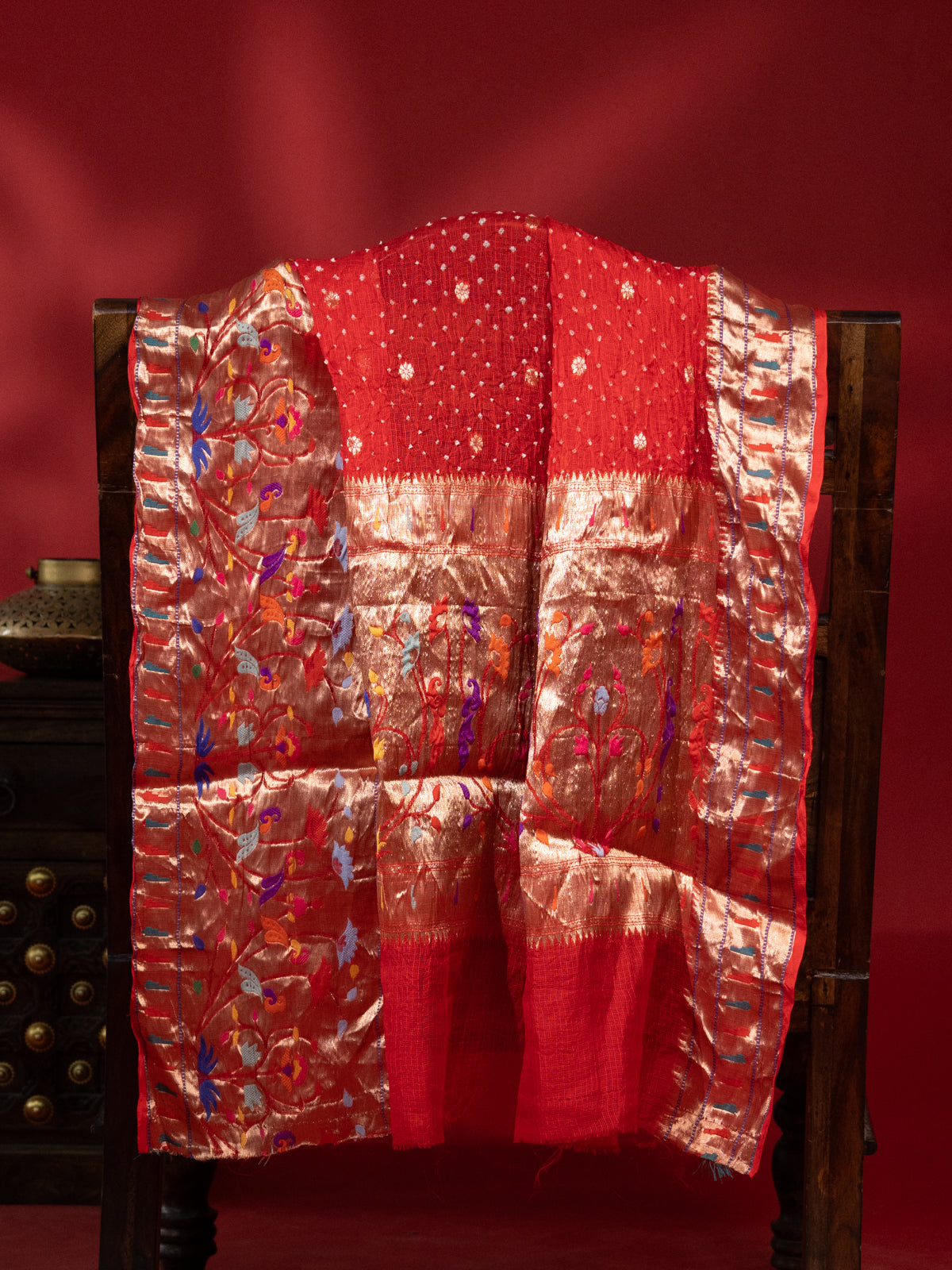 Red Zari Kota Silk Saree Border With Bandhej