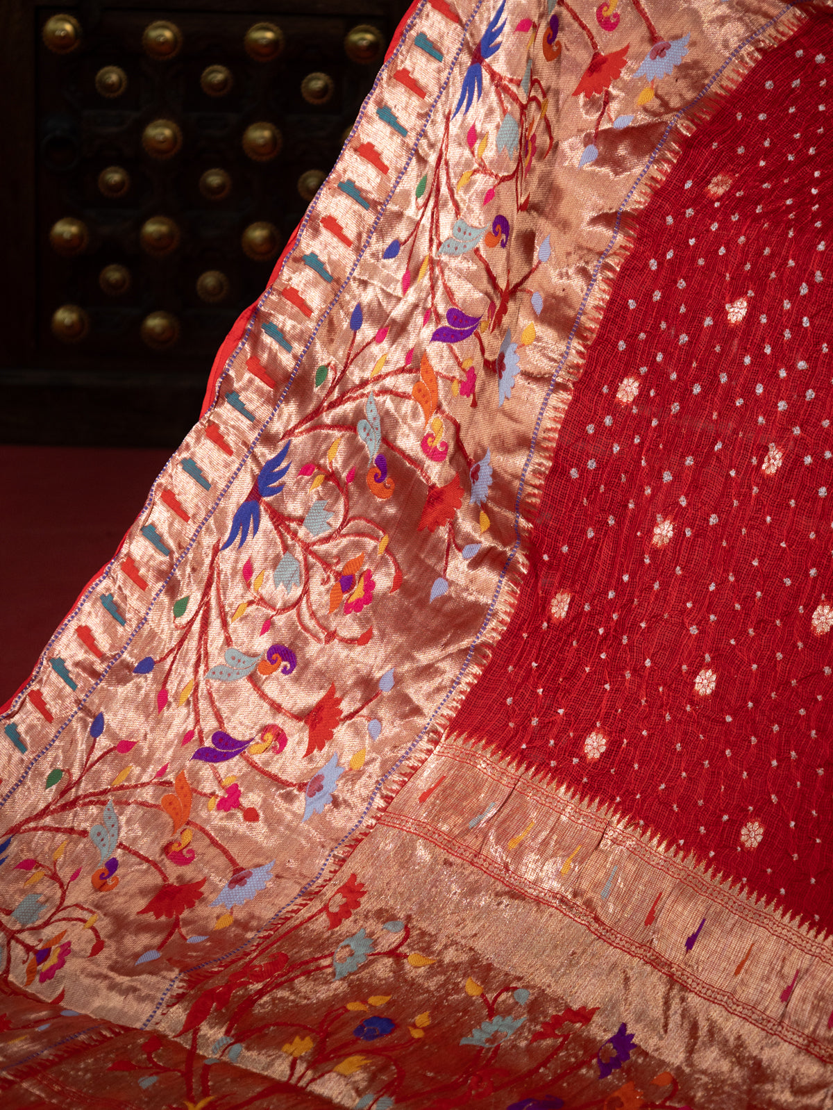 Red Zari Kota Silk Saree Border With Bandhej