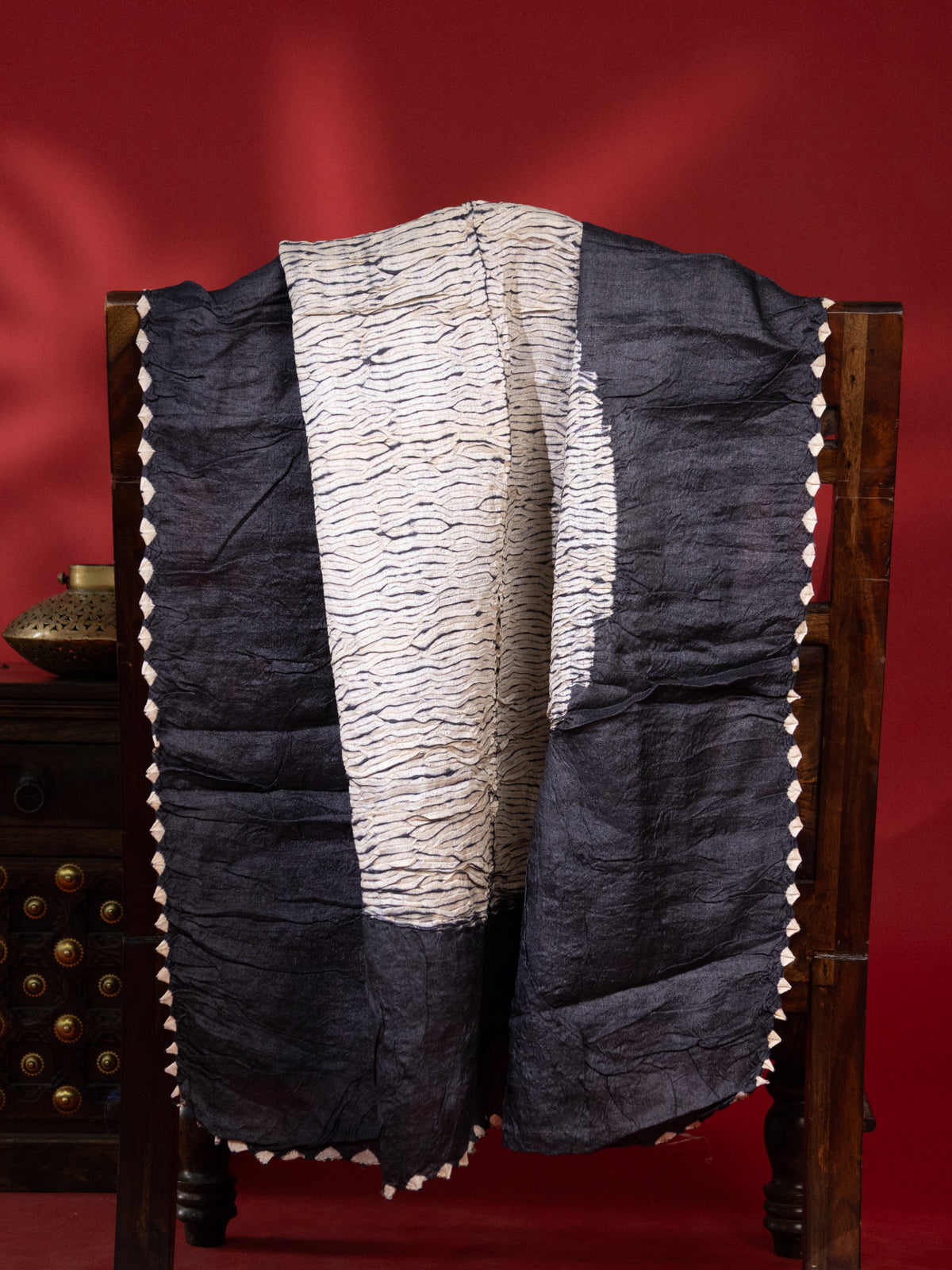 Black Tussar Silk Saree With Placement Style Shibori Prints