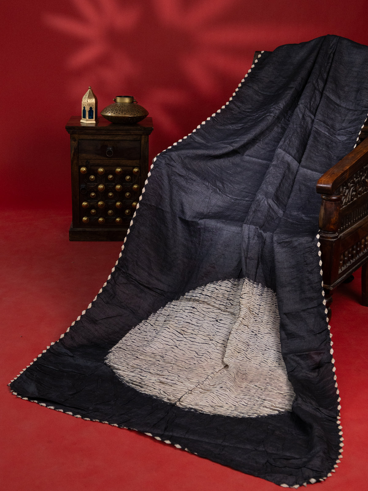 Black Tussar Silk Saree With Placement Style Shibori Prints