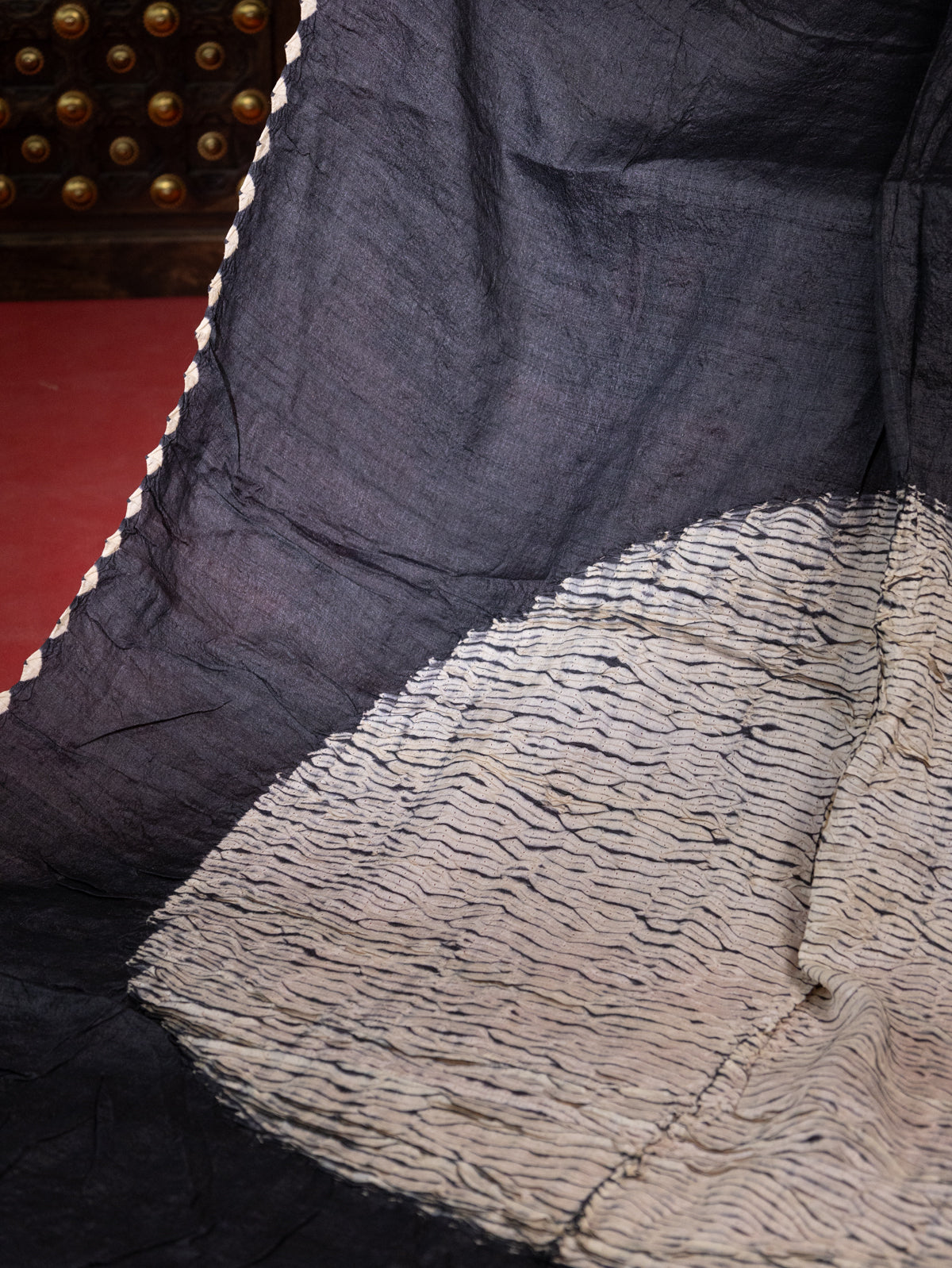 Black Tussar Silk Saree With Placement Style Shibori Prints