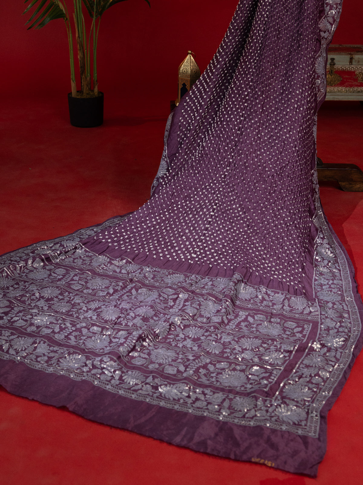 Pastel Purple Bandhini Silk Saree With Sequin Work