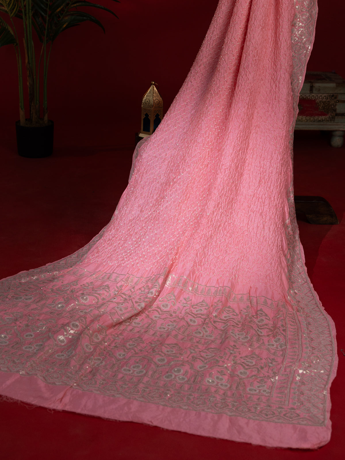 Peach Pink Bandhini Silk Saree With Sequin Work