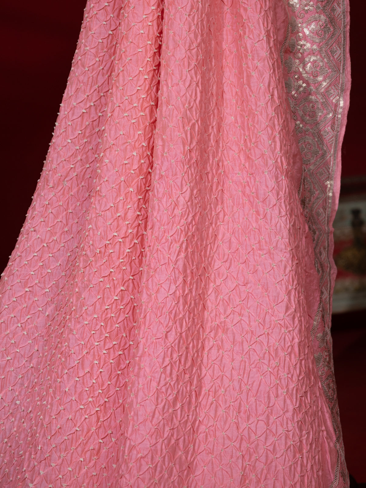 Peach Pink Bandhini Silk Saree With Sequin Work