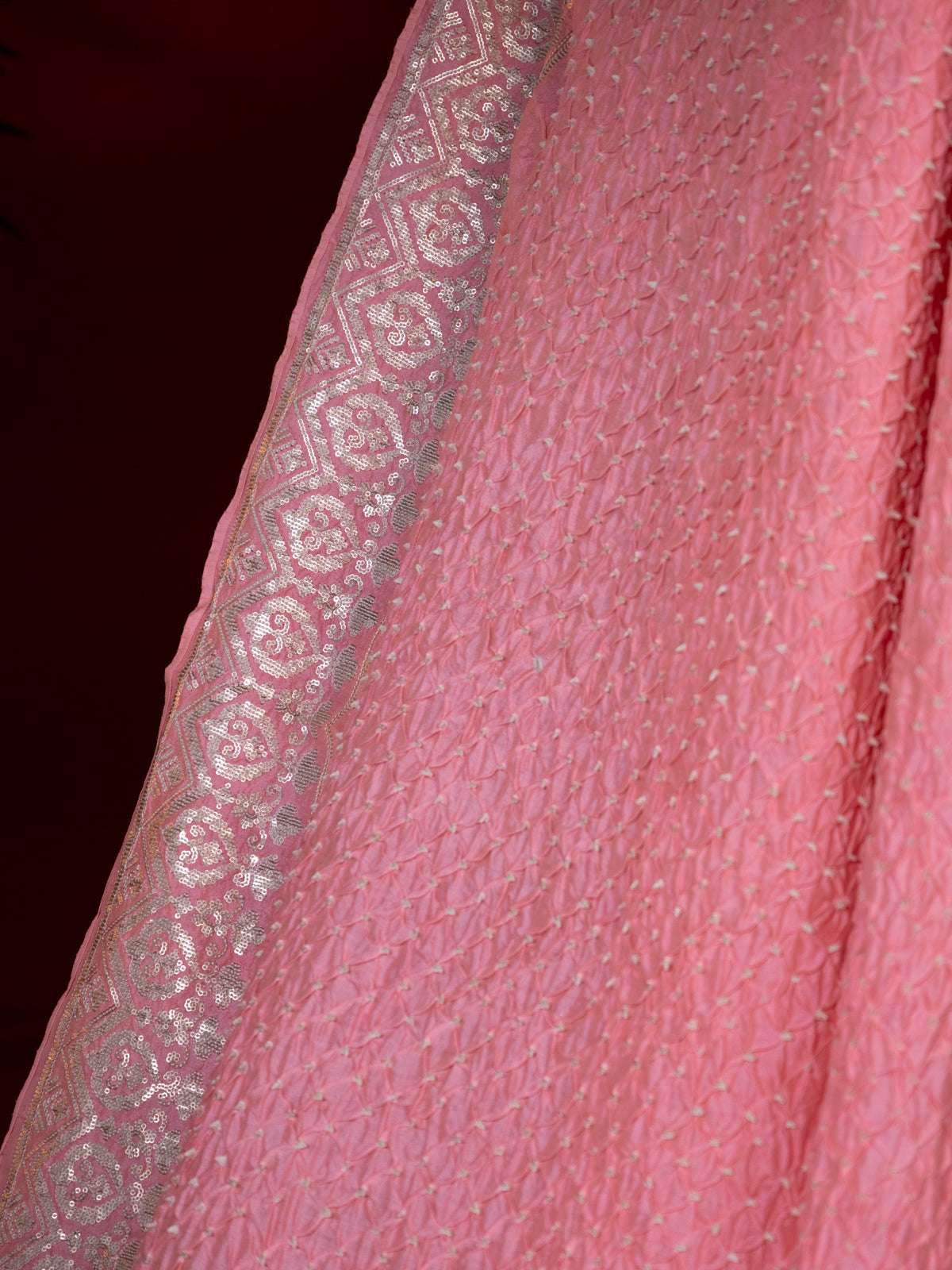 Peach Pink Bandhini Silk Saree With Sequin Work