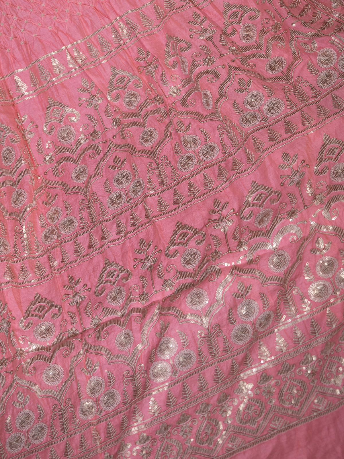 Peach Pink Bandhini Silk Saree With Sequin Work