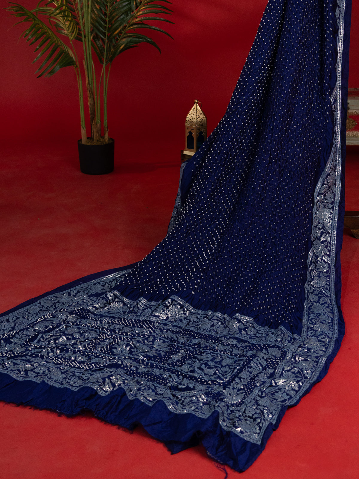 Navy Blue Bandhini Silk Saree With Sequin Work