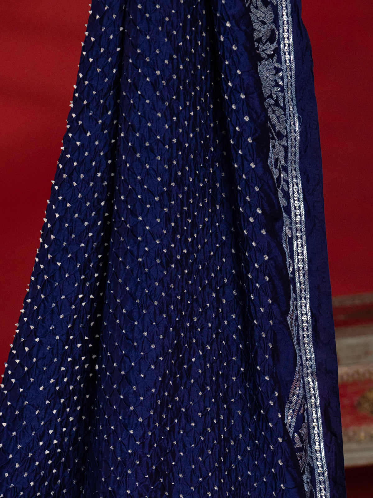 Navy Blue Bandhini Silk Saree With Sequin Work