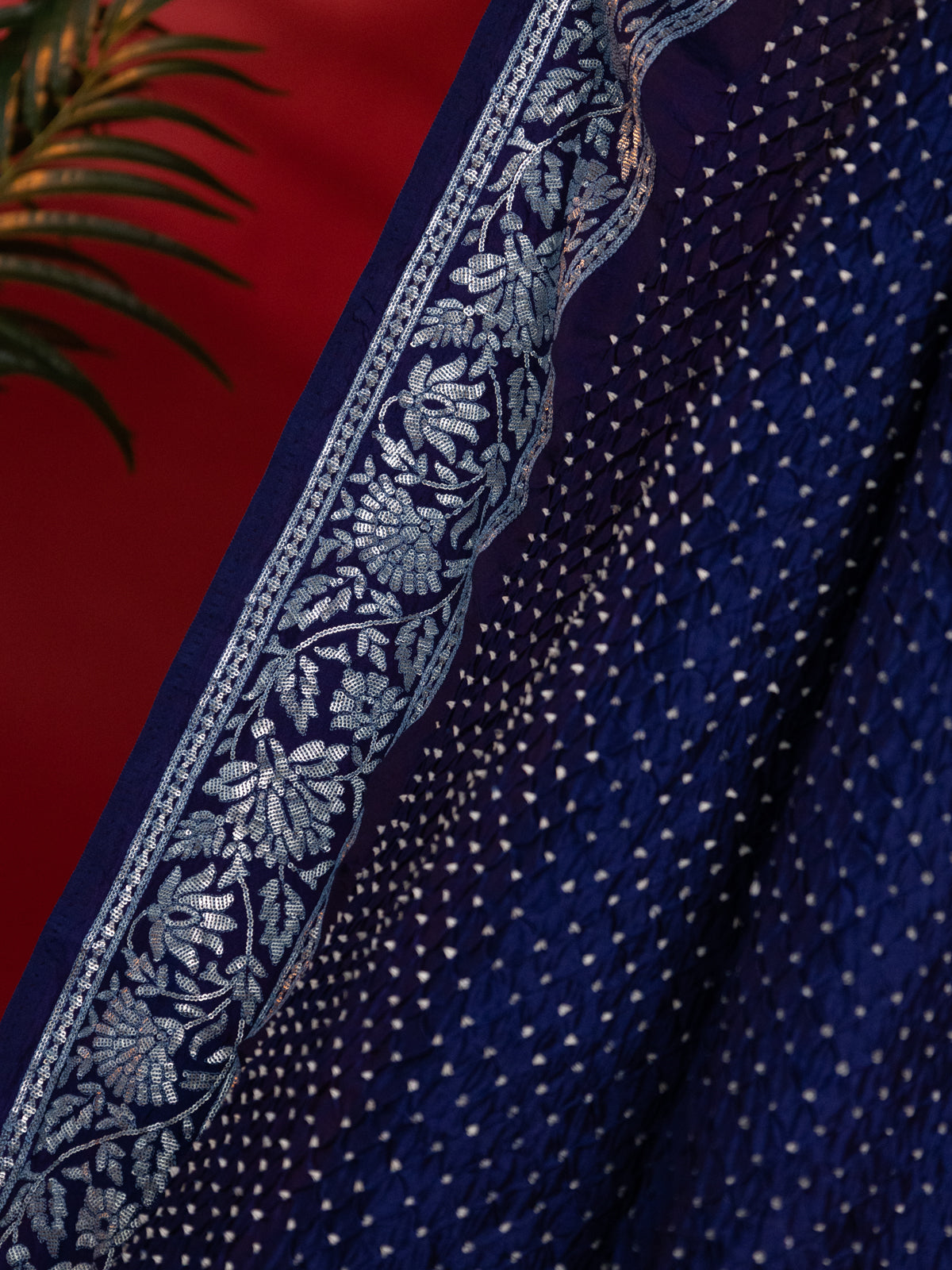 Navy Blue Bandhini Silk Saree With Sequin Work