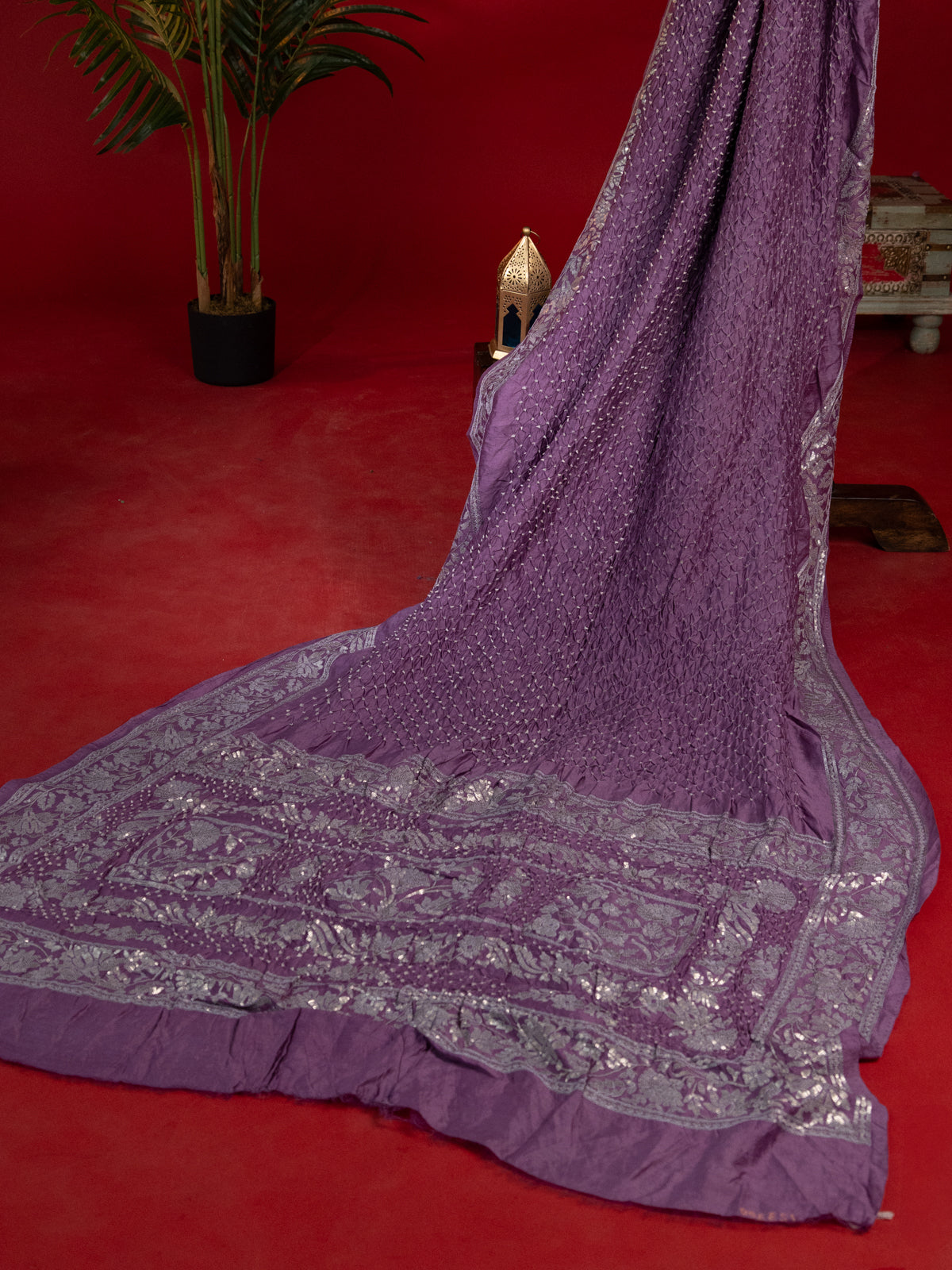 Pastel Purple Bandhini Silk Saree With Sequin Work