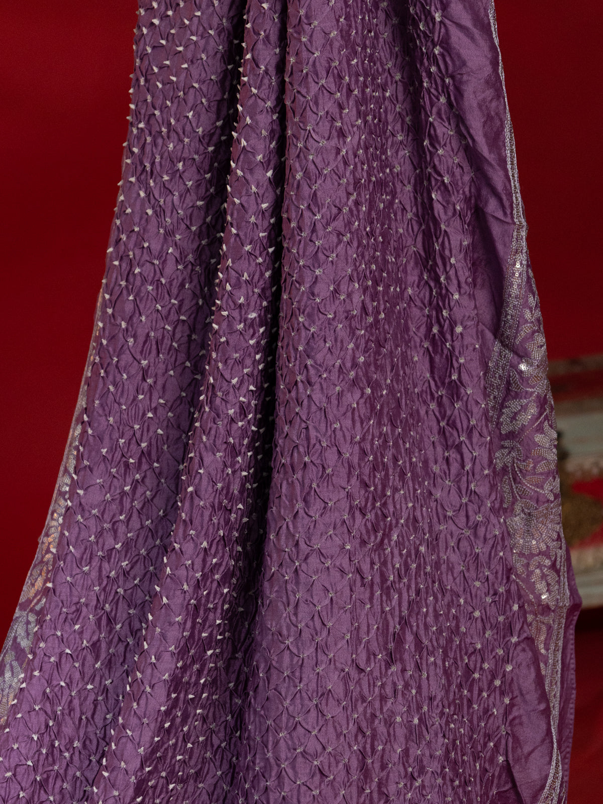 Pastel Purple Bandhini Silk Saree With Sequin Work