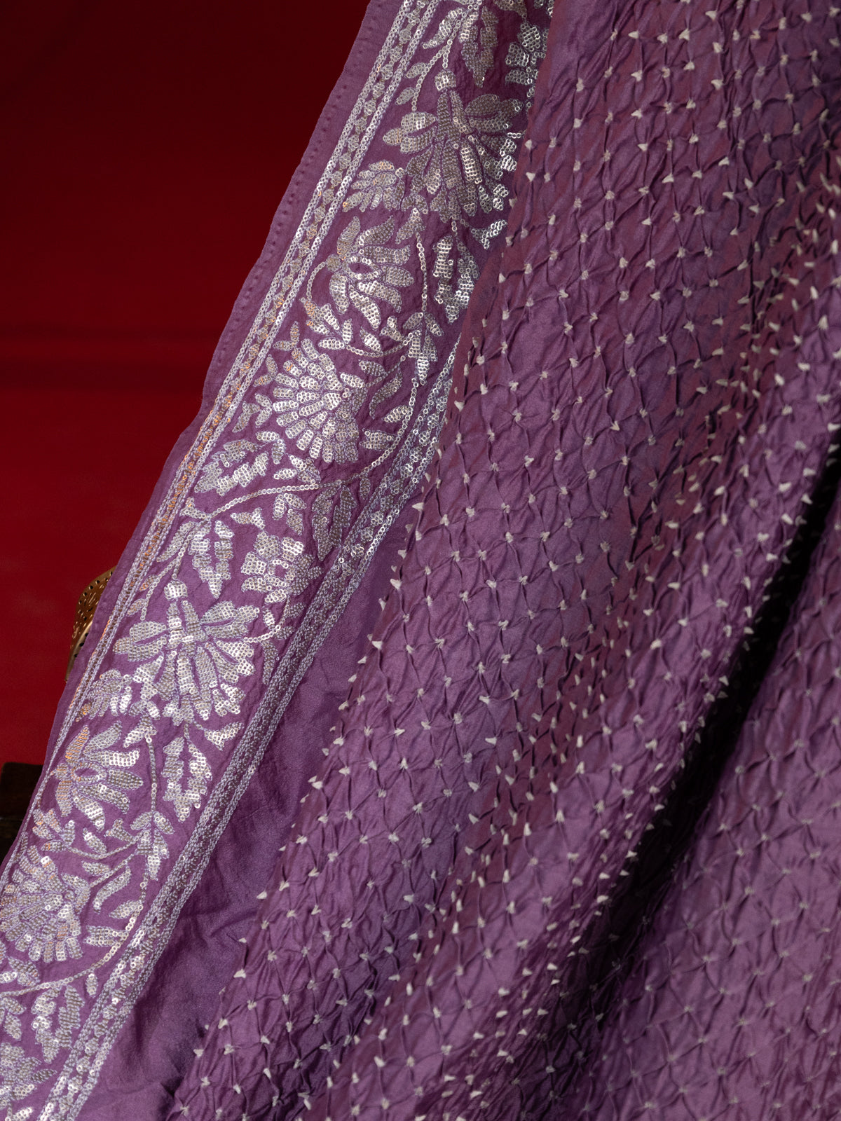 Pastel Purple Bandhini Silk Saree With Sequin Work