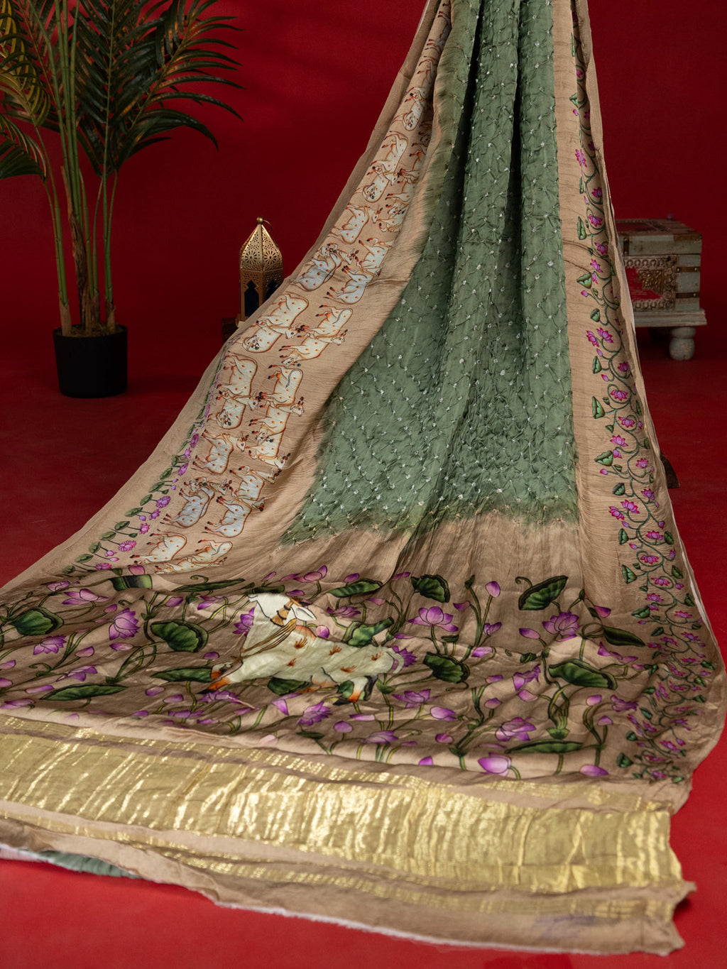 Pastel Green & Beige Modal Silk Saree With Bandhej