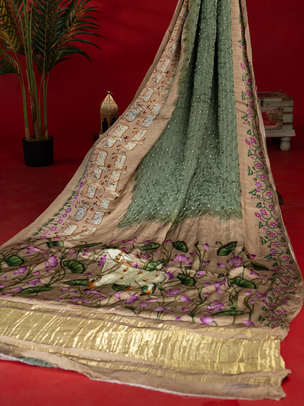 Pastel Green & Beige Modal Silk Saree With Bandhej