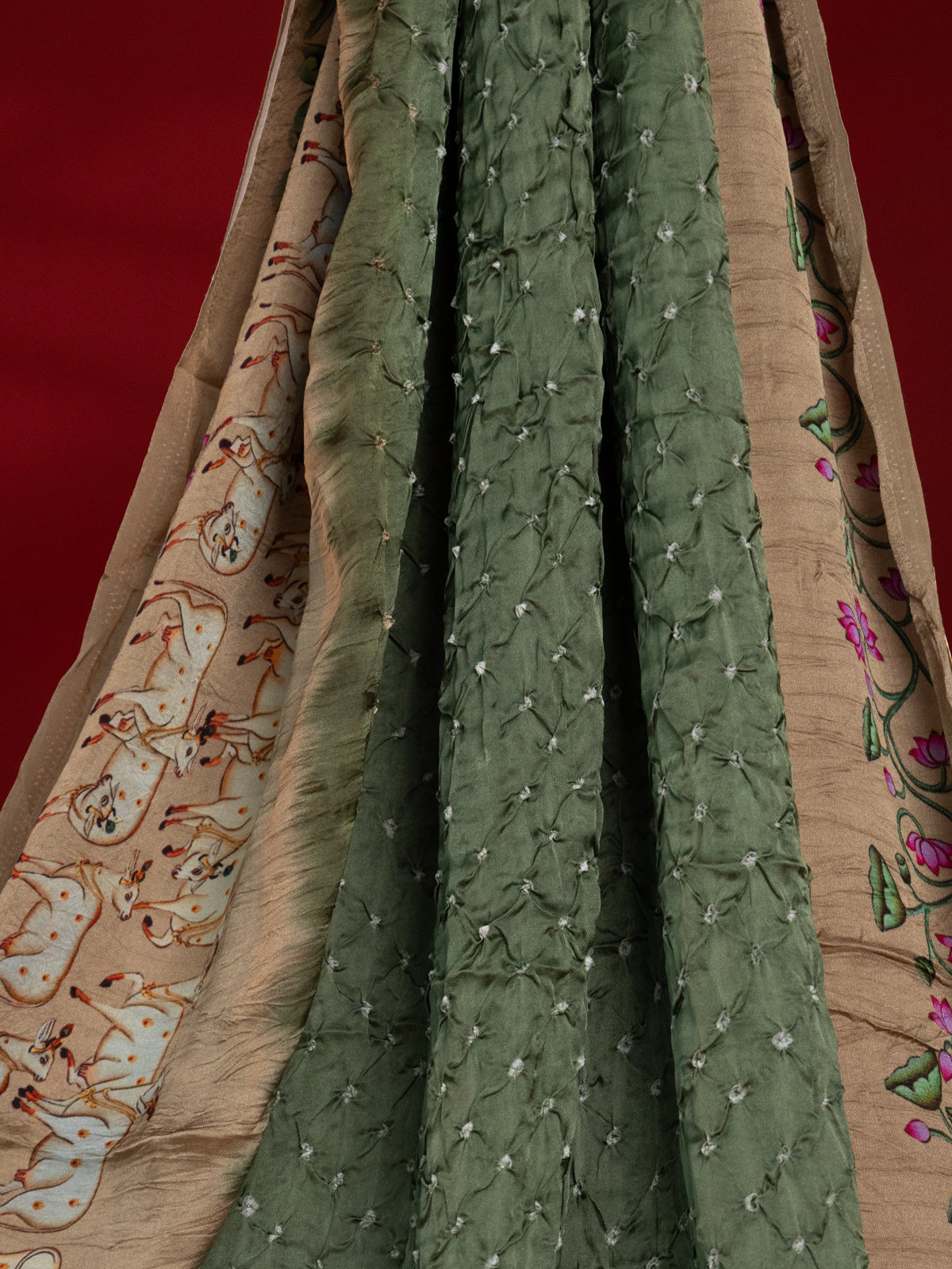 Pastel Green & Beige Modal Silk Saree With Bandhej