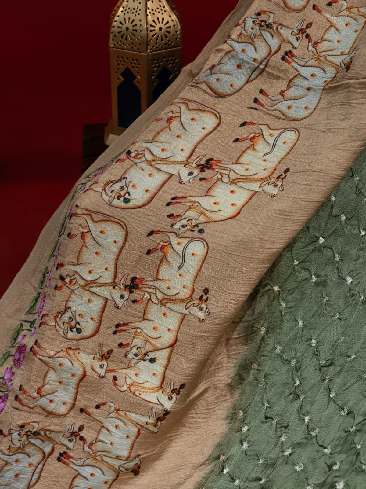 Pastel Green & Beige Modal Silk Saree With Bandhej