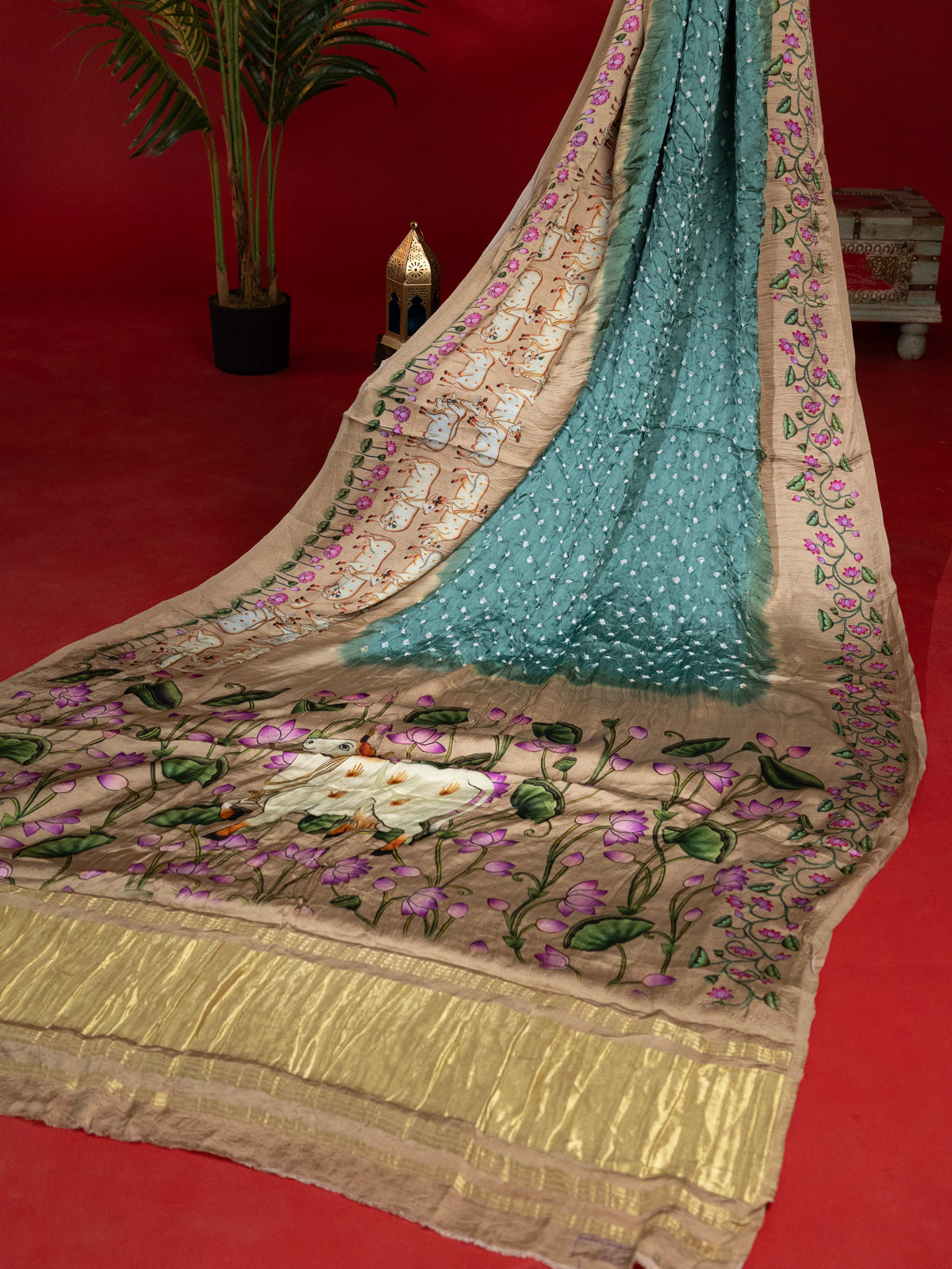 Teal Green & Beige Modal Silk Saree With Bandhej