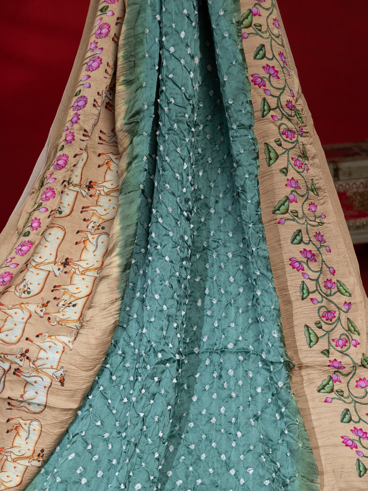 Teal Green & Beige Modal Silk Saree With Bandhej