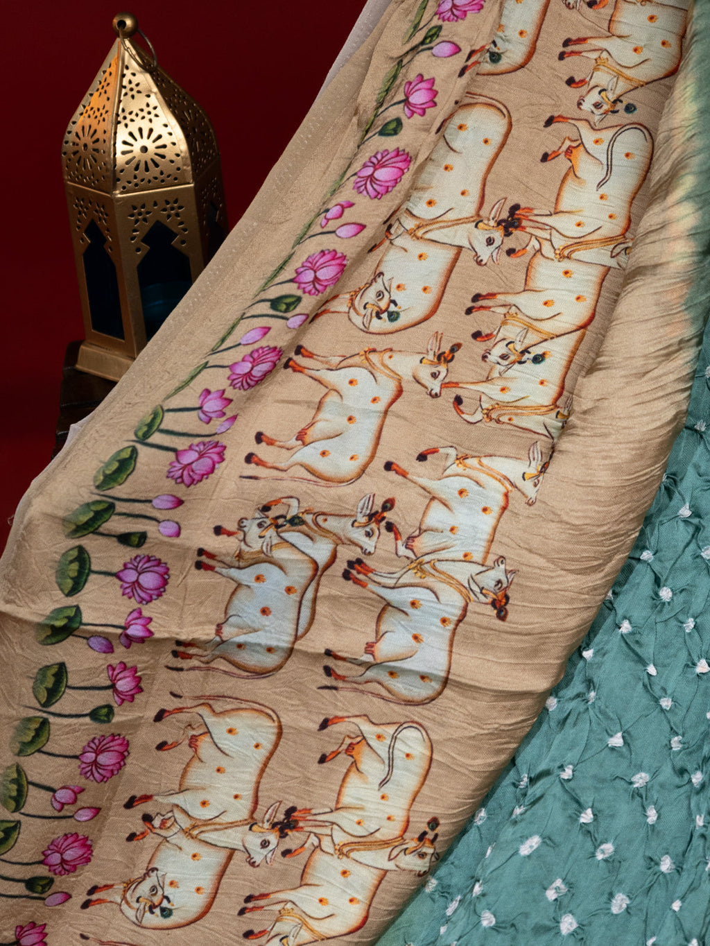 Teal Green & Beige Modal Silk Saree With Bandhej