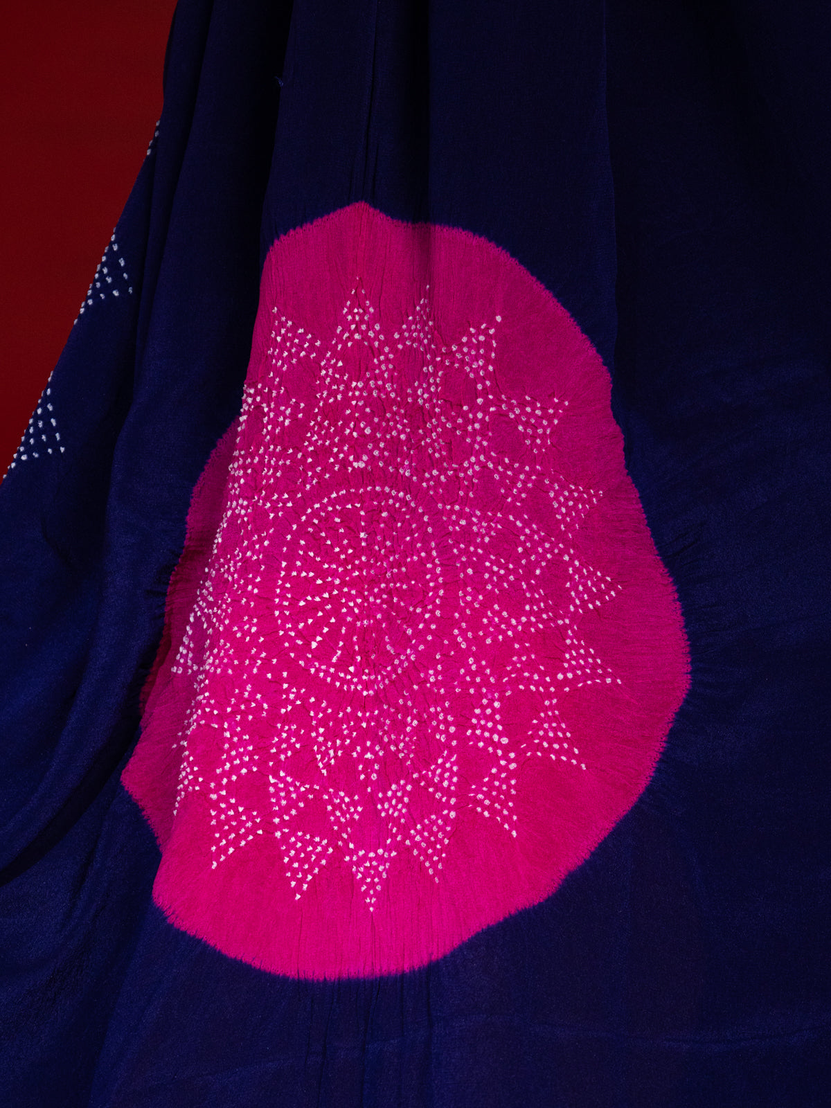 Blue & Mustard Yellow Banarasi Crepe Saree With Placement Style Bandhej