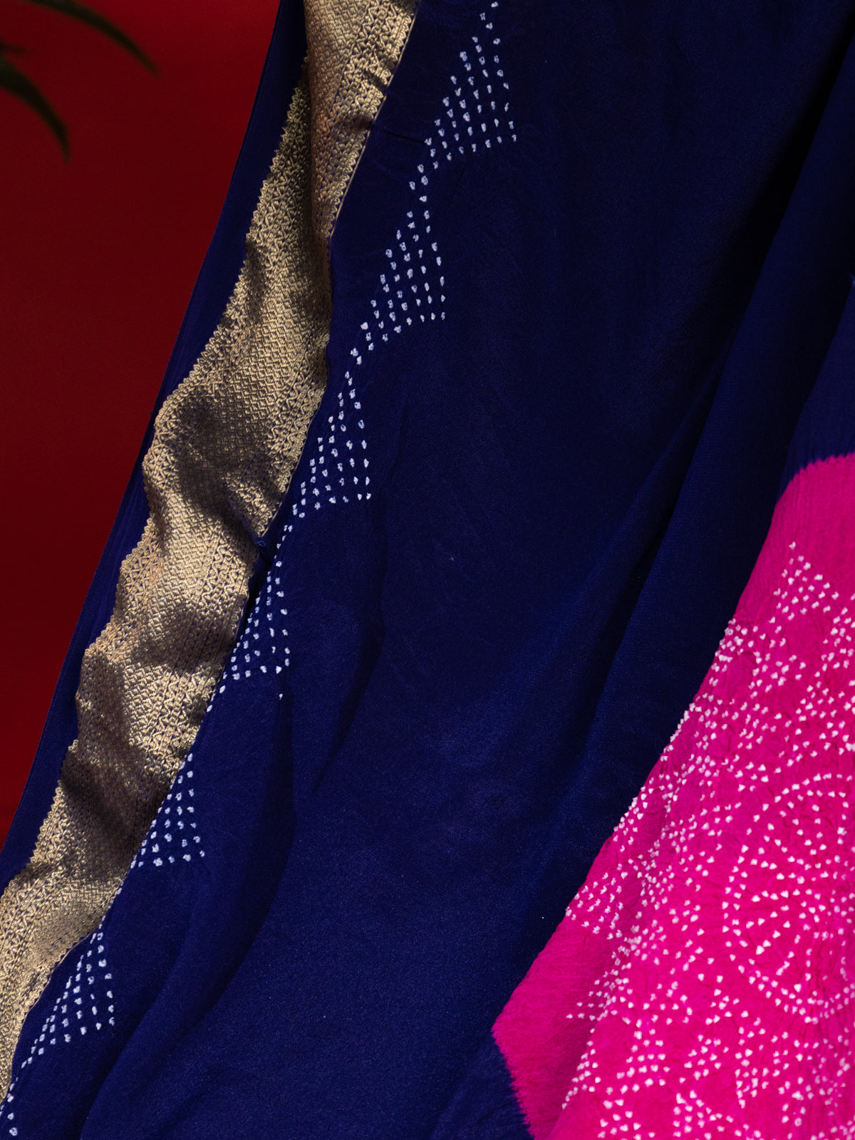 Blue & Mustard Yellow Banarasi Crepe Saree With Placement Style Bandhej