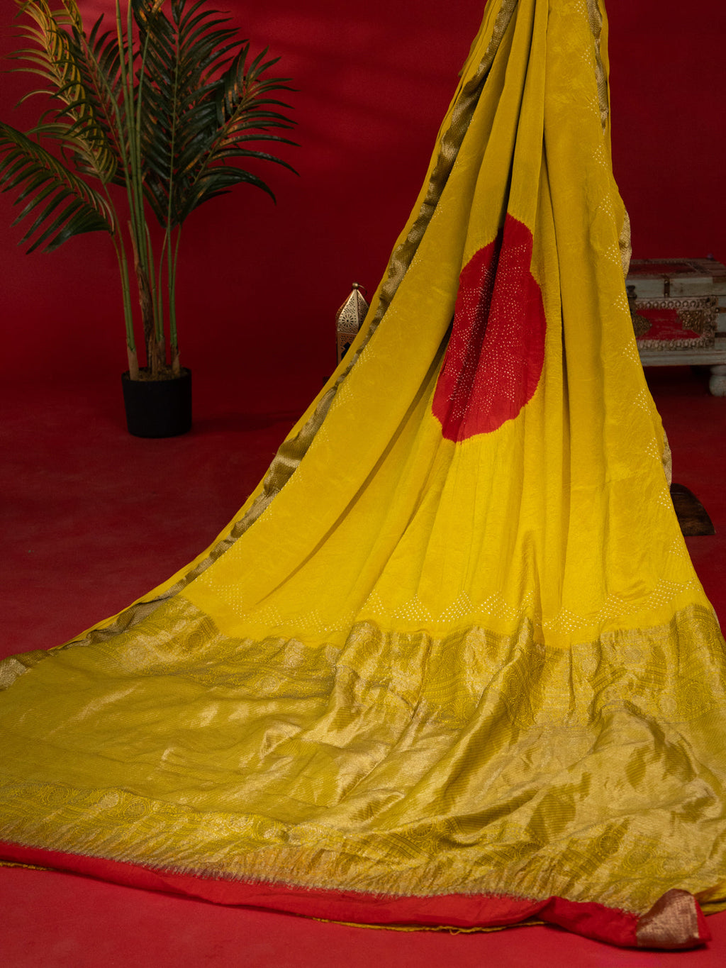 Lime Yellow & Red Banarasi Crepe Saree With Placement Style Bandhej