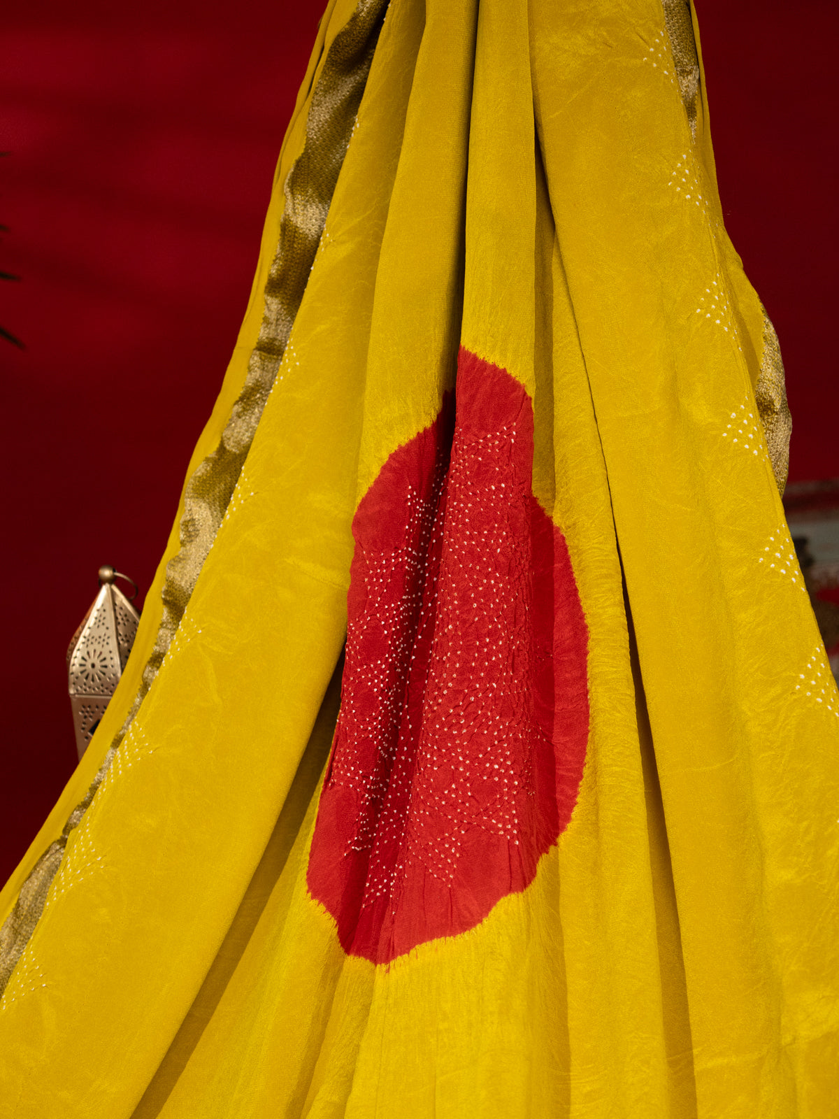 Lime Yellow & Red Banarasi Crepe Saree With Placement Style Bandhej