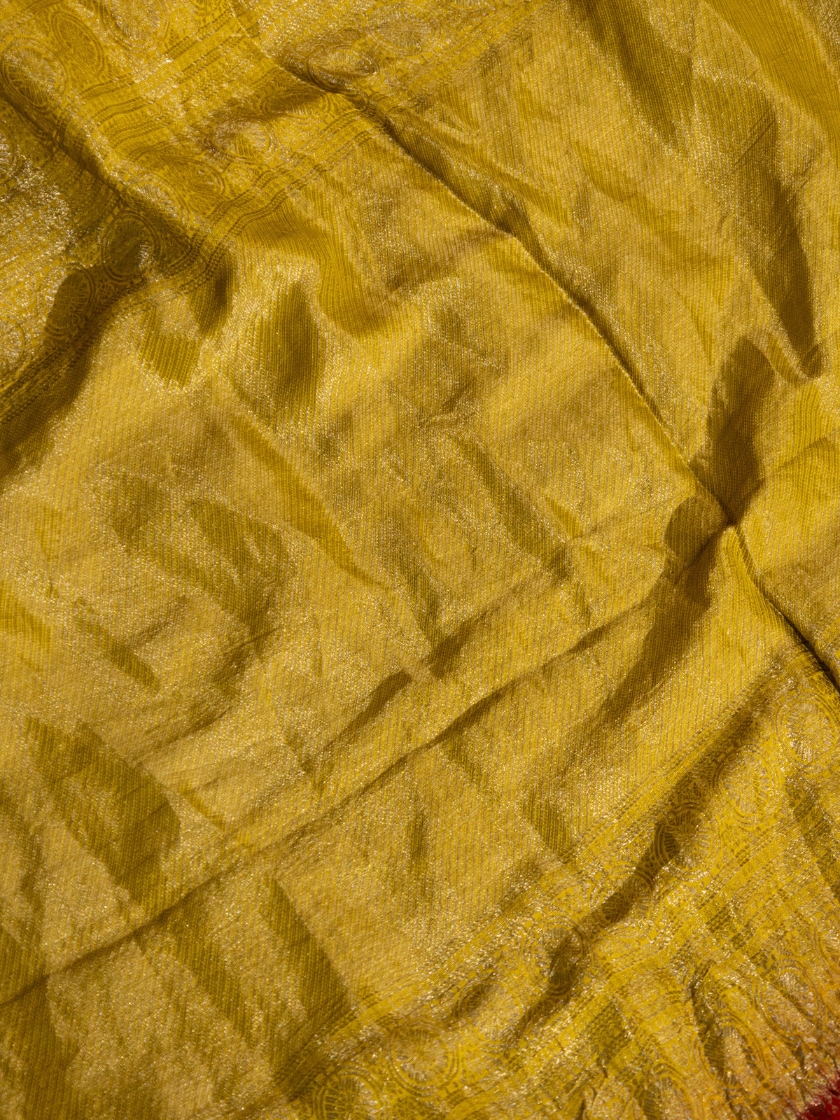 Lime Yellow & Red Banarasi Crepe Saree With Placement Style Bandhej