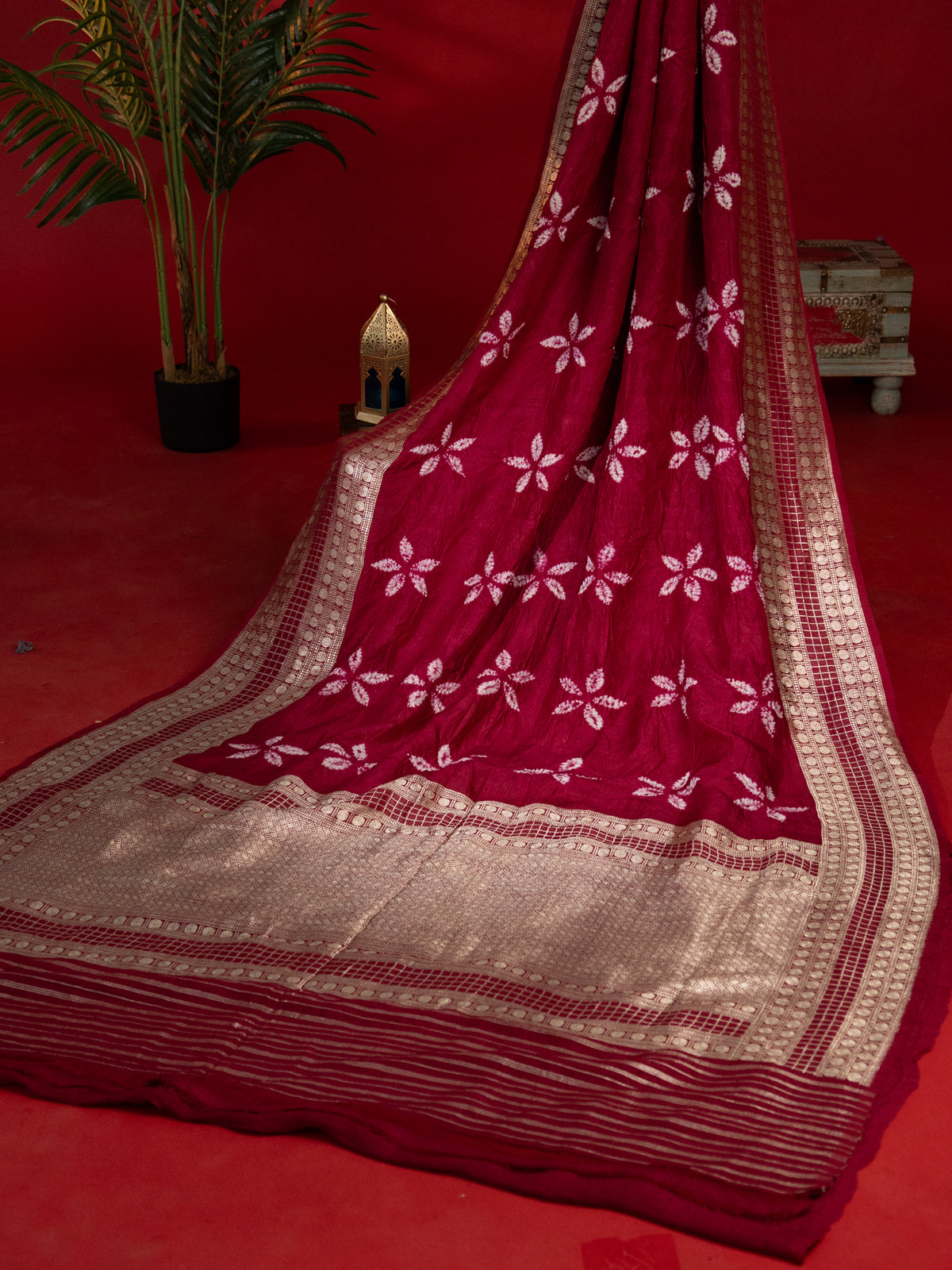 Maroon Tussar Silk Saree With Shibori Prints