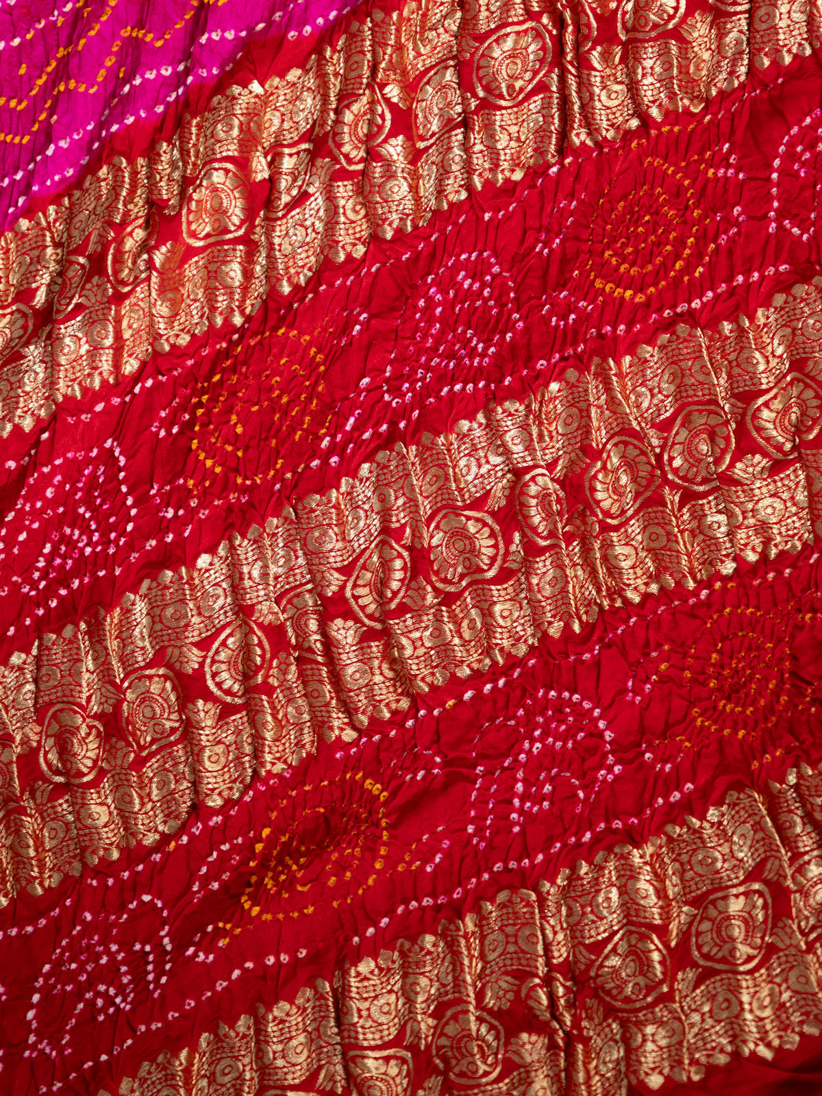 Red & Pink Gajji Silk With Allover Bandhej