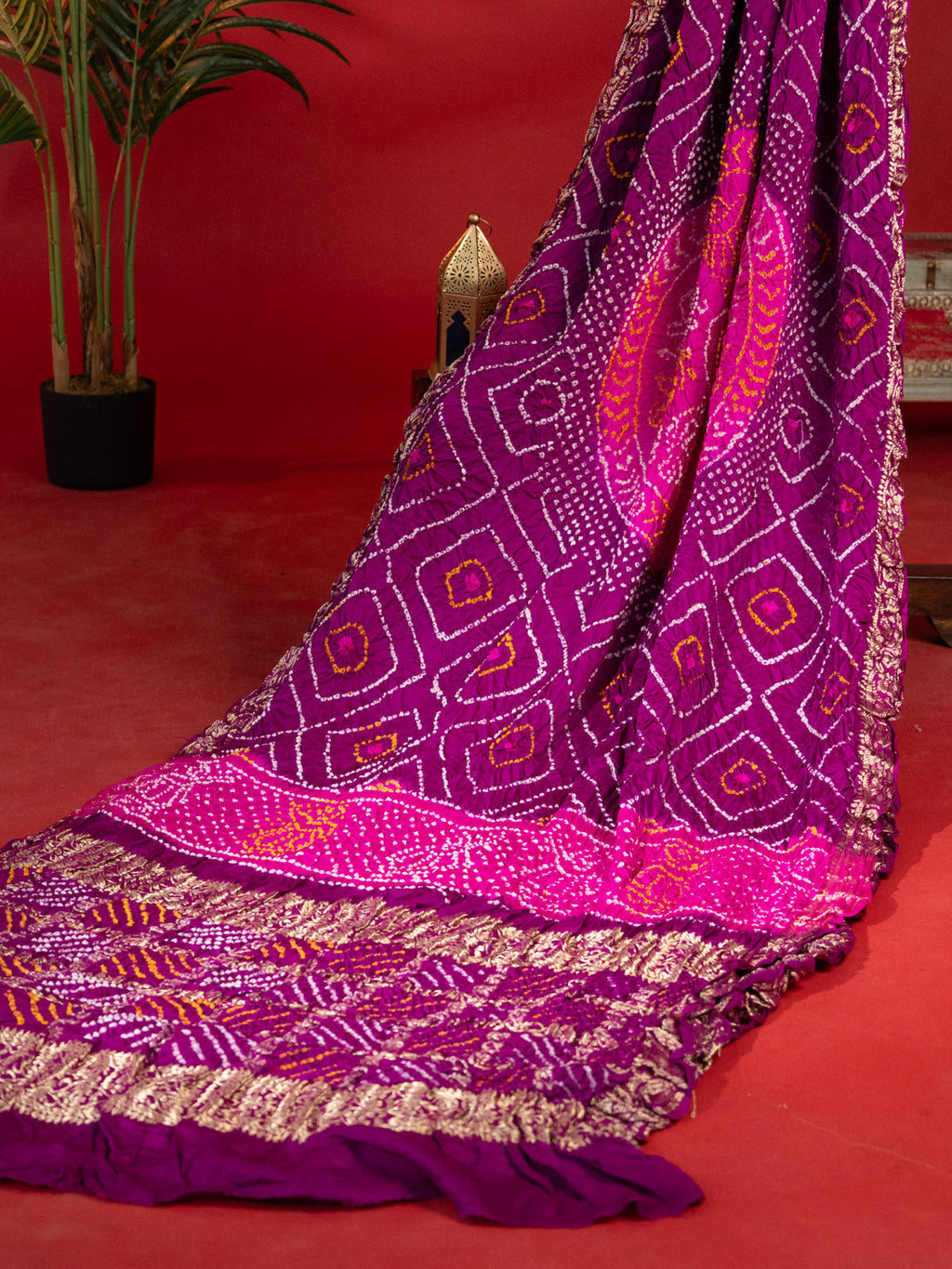 Purple & Pink Gajji Silk With Placement Style Bandhej