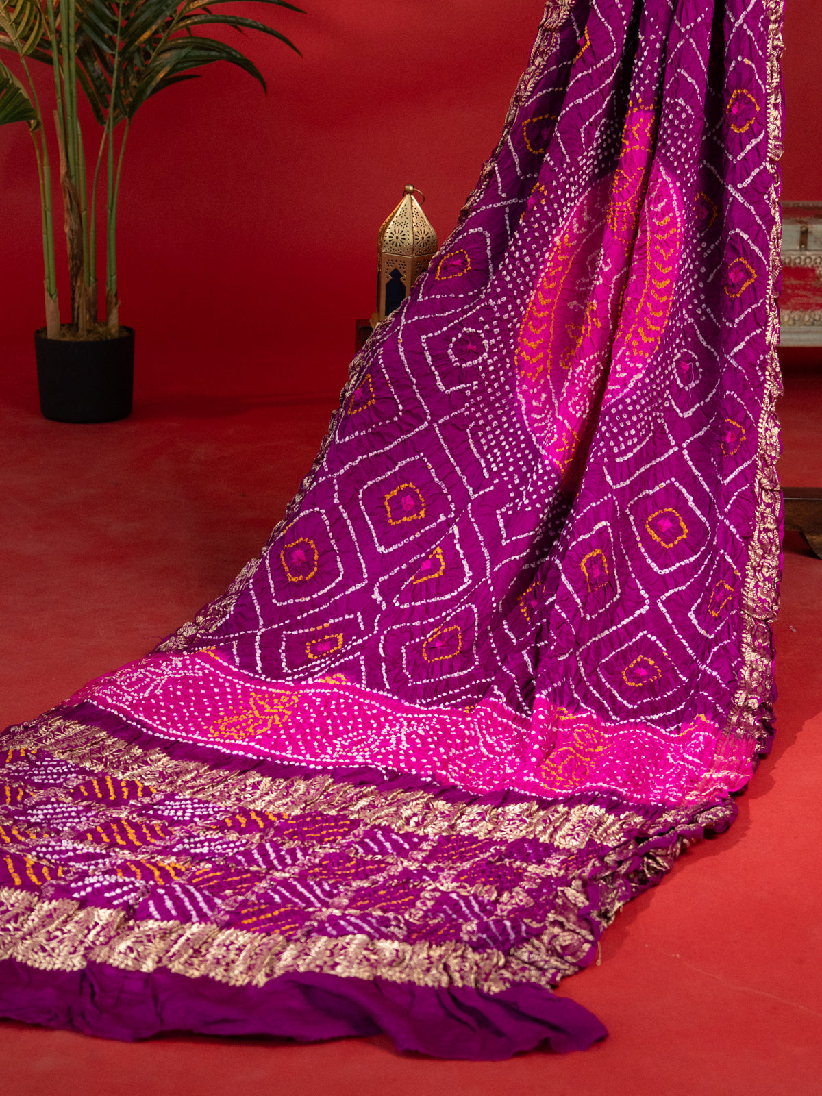 Purple & Pink Gajji Silk With Placement Style Bandhej