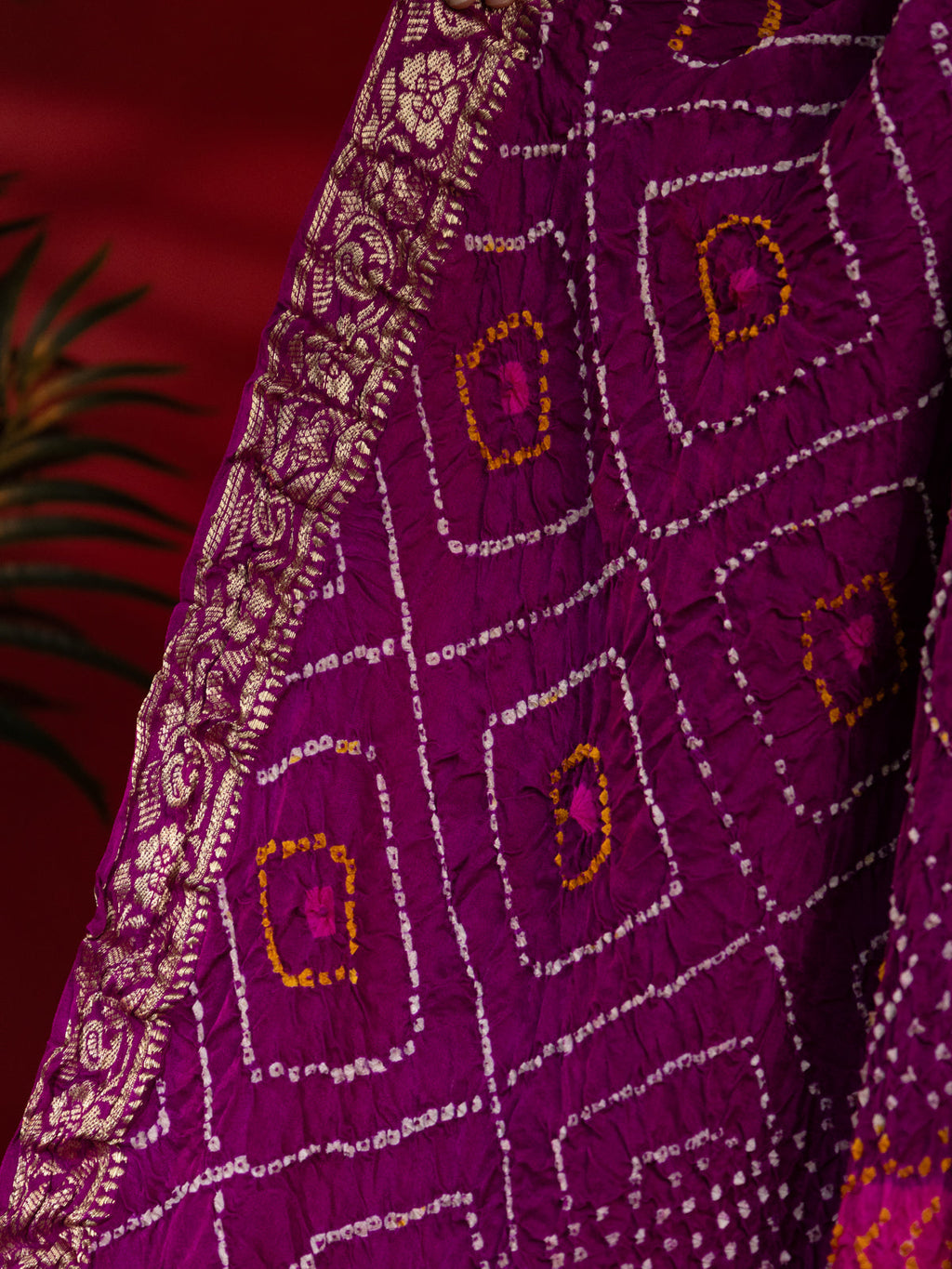 Purple & Pink Gajji Silk With Placement Style Bandhej