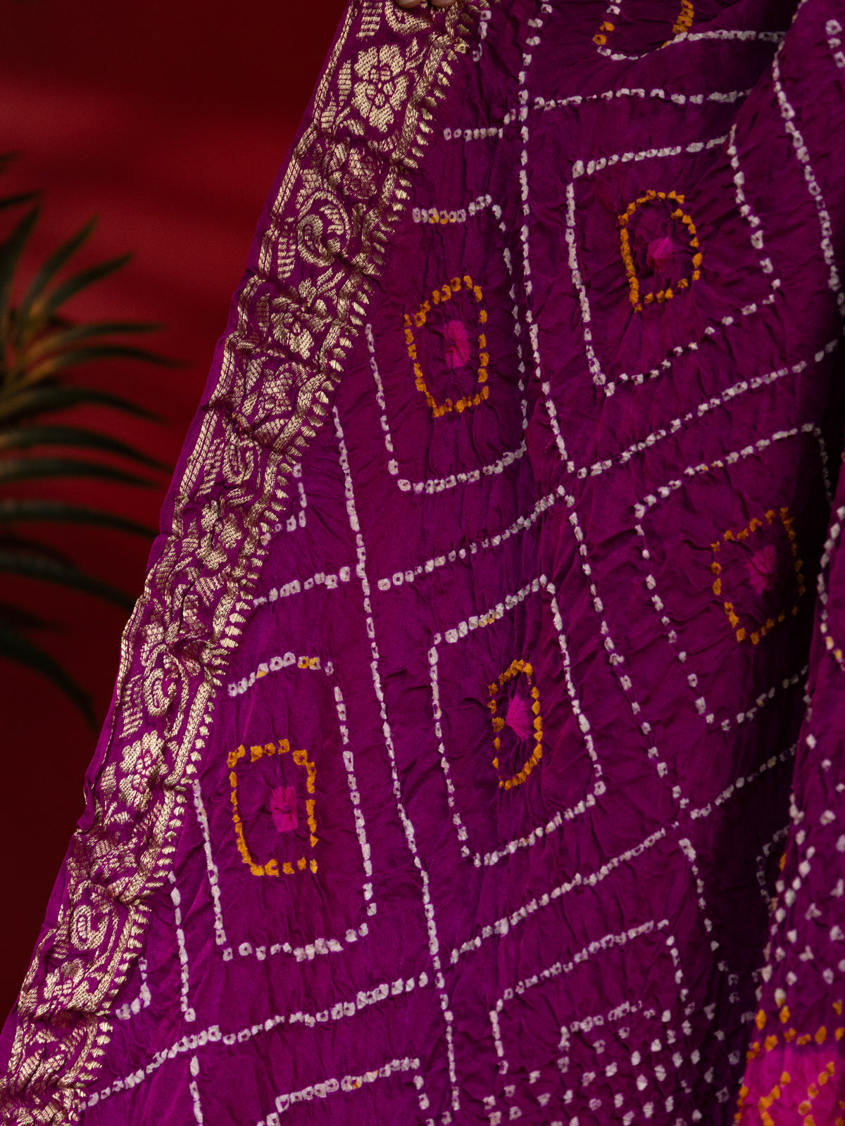 Purple & Pink Gajji Silk With Placement Style Bandhej