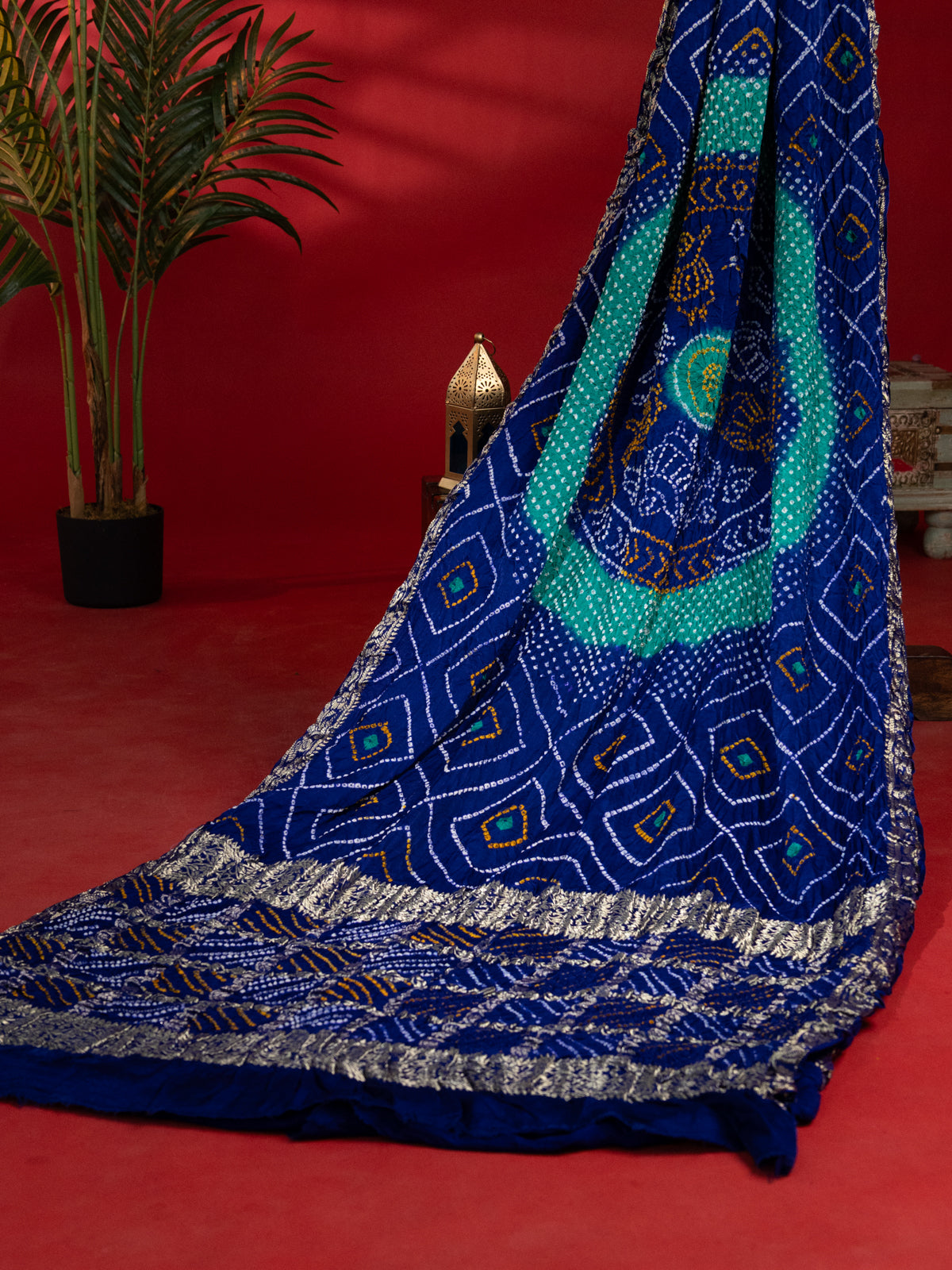 Blue & Teal Gajji Silk With Placement Style Bandhej