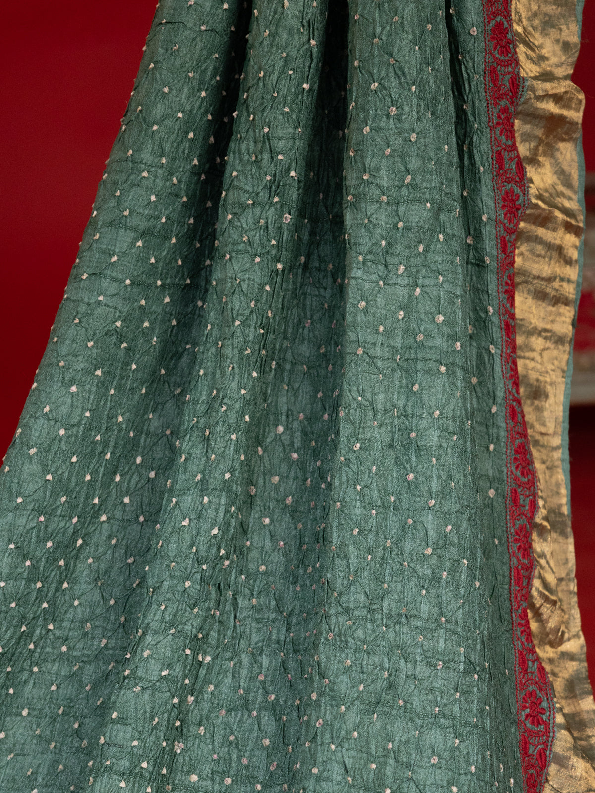 Green Tussar Silk Saree With Bandhej
