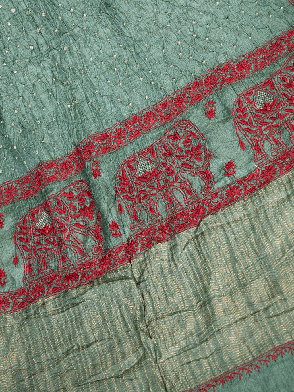 Green Tussar Silk Saree With Bandhej